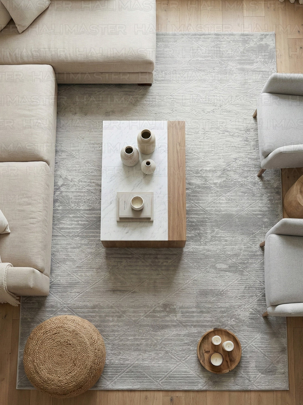 Bambu Gri Modern Geometrik Kaymaz Taban Özel Ölçü Kesilebilir Halı Yolluk