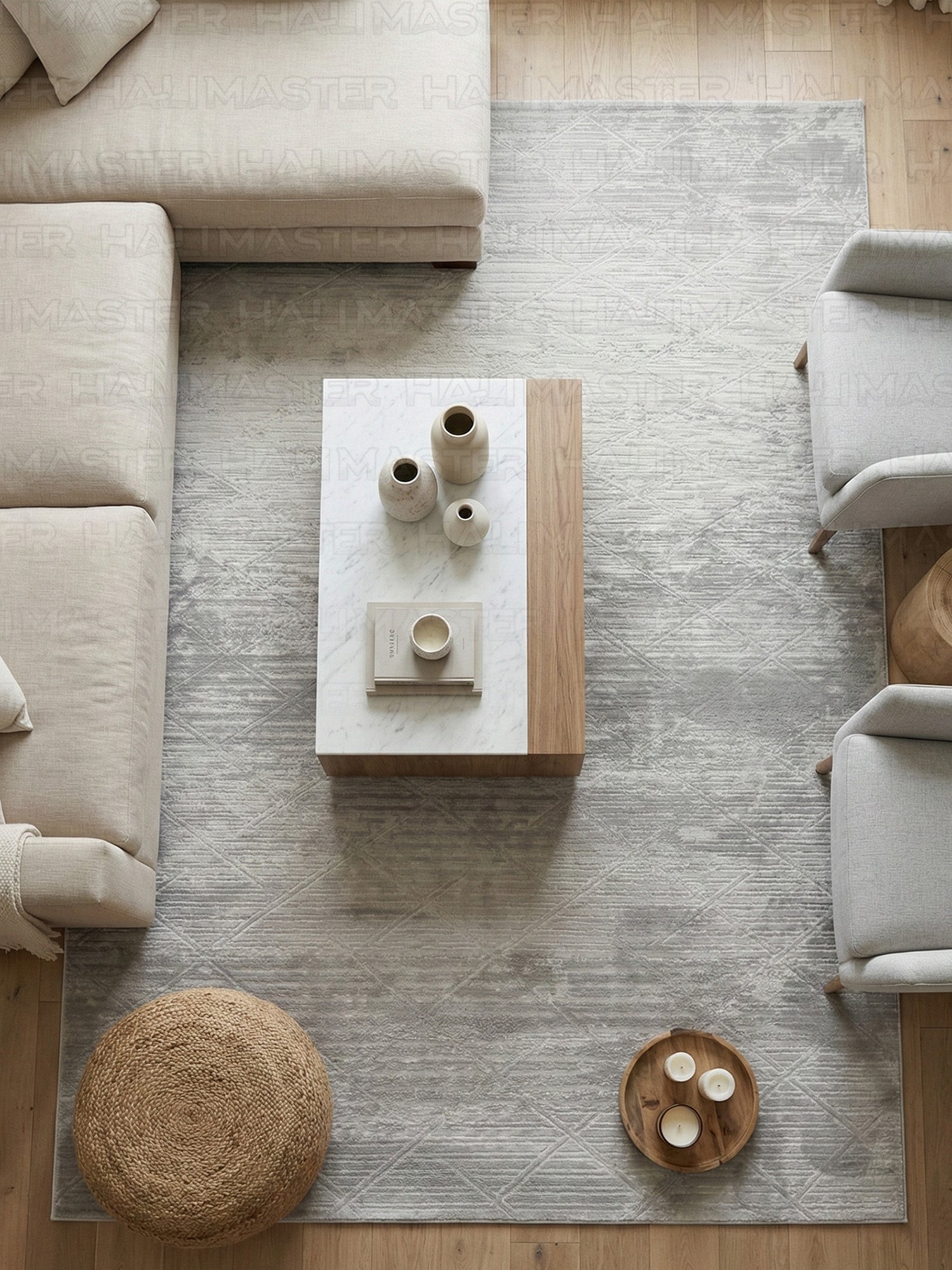 Bambu Gri Modern Geometrik Kaymaz Taban Özel Ölçü Kesilebilir Halı Yolluk