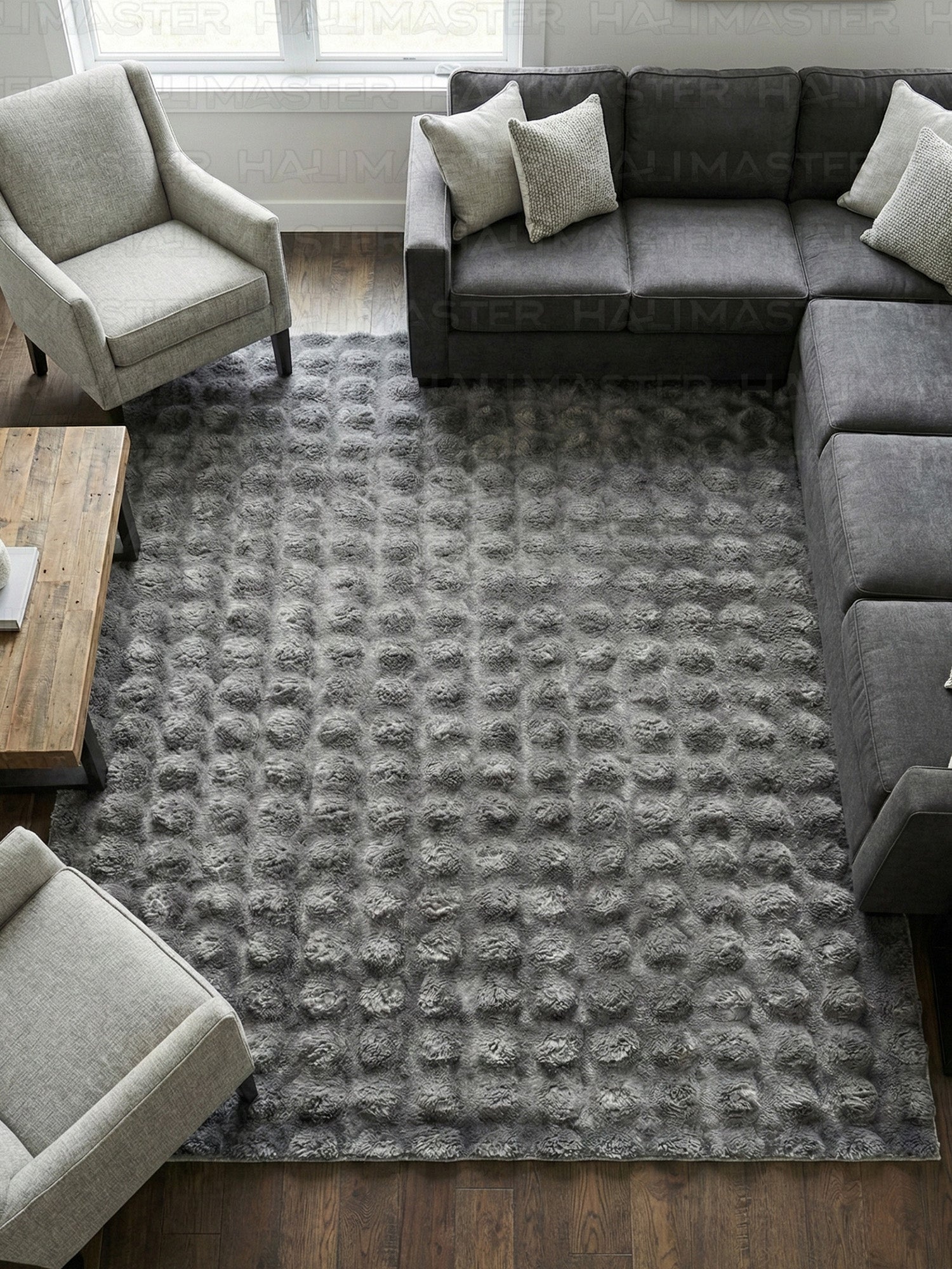 Gri Tavşan Tüyü Peluş Halı - Özel Ölçü Kaymaz Tabanlı 3D Kabartmalı Kesme Halı