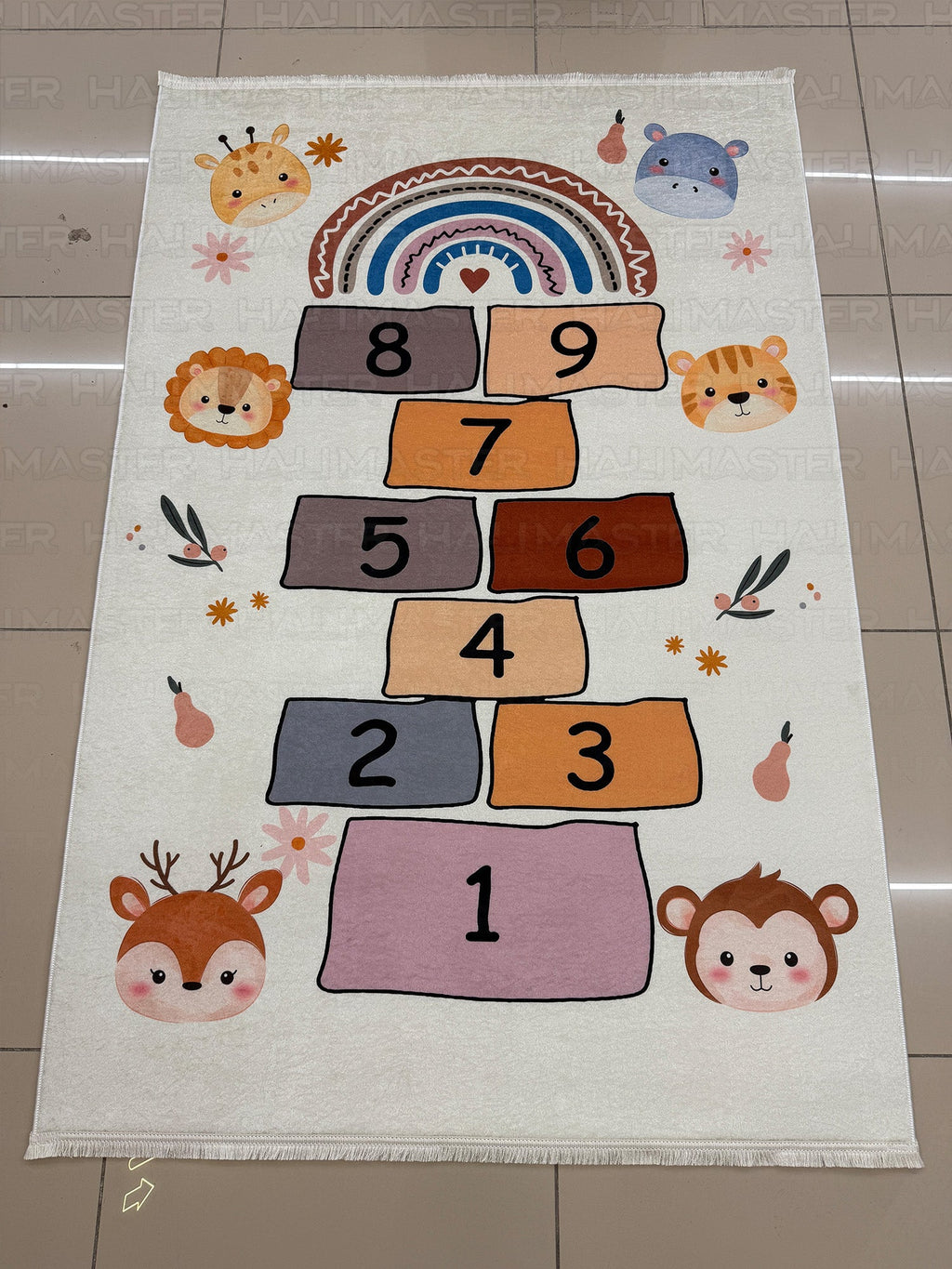 Bohem Hayvan Figürlü Seksek Desenli Eğitici Çocuk ve Bebek Odası Halısı - Pastel Tonlar