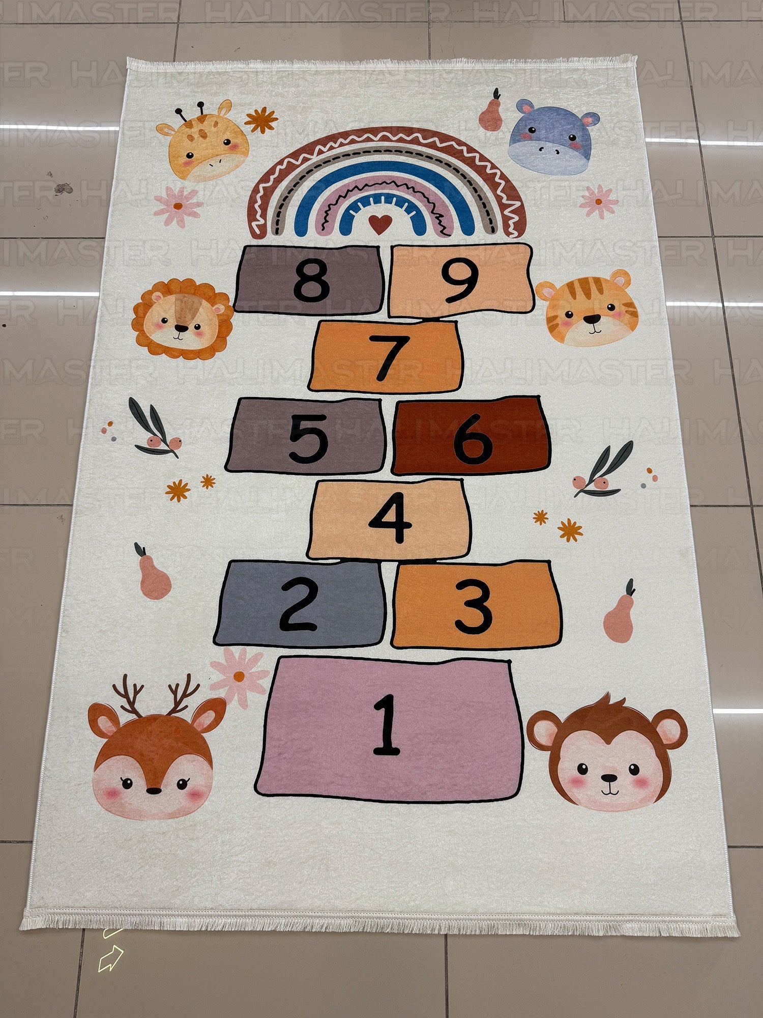 Bohem Hayvan Figürlü Seksek Desenli Eğitici Çocuk ve Bebek Odası Halısı - Pastel Tonlar