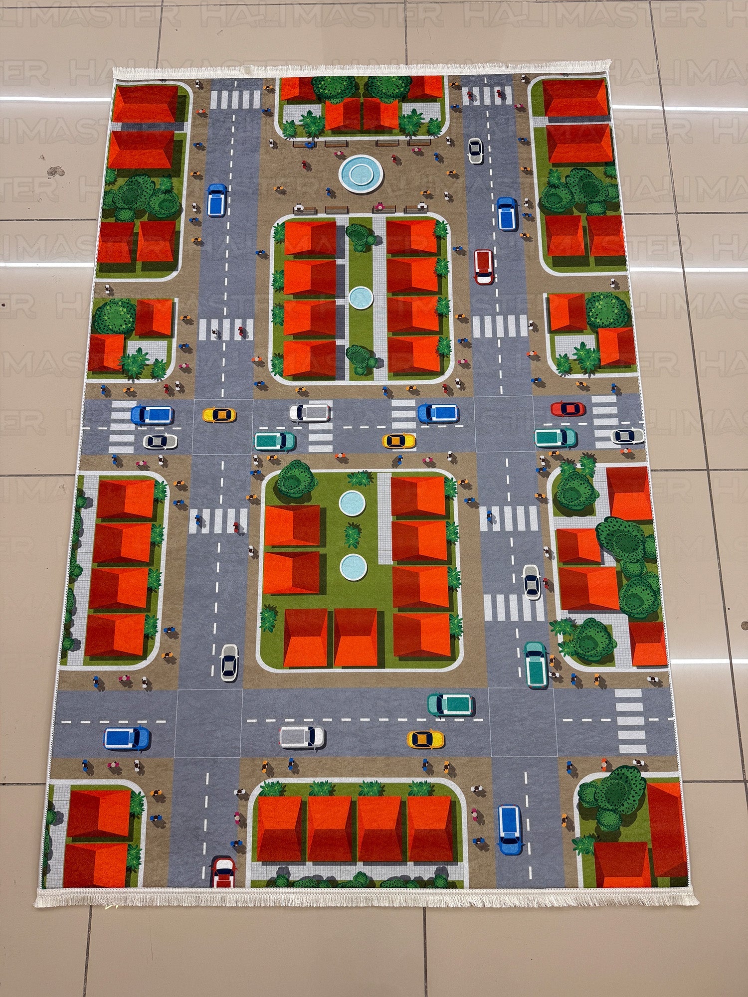Eğitici Şehir ve Trafik Temalı Çocuk Oyun Halısı - Yol Desenli Kaymaz Taban Bebek Odası Halısı