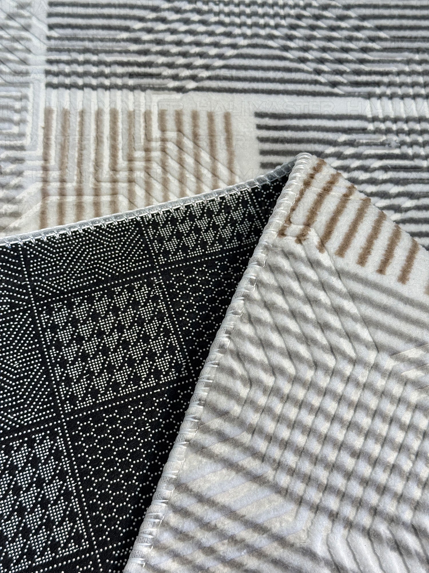 Dinarsu Minimalist U-Line Desenli Kahve - Bej  Vizon Kaymaz Taban Modern Halı