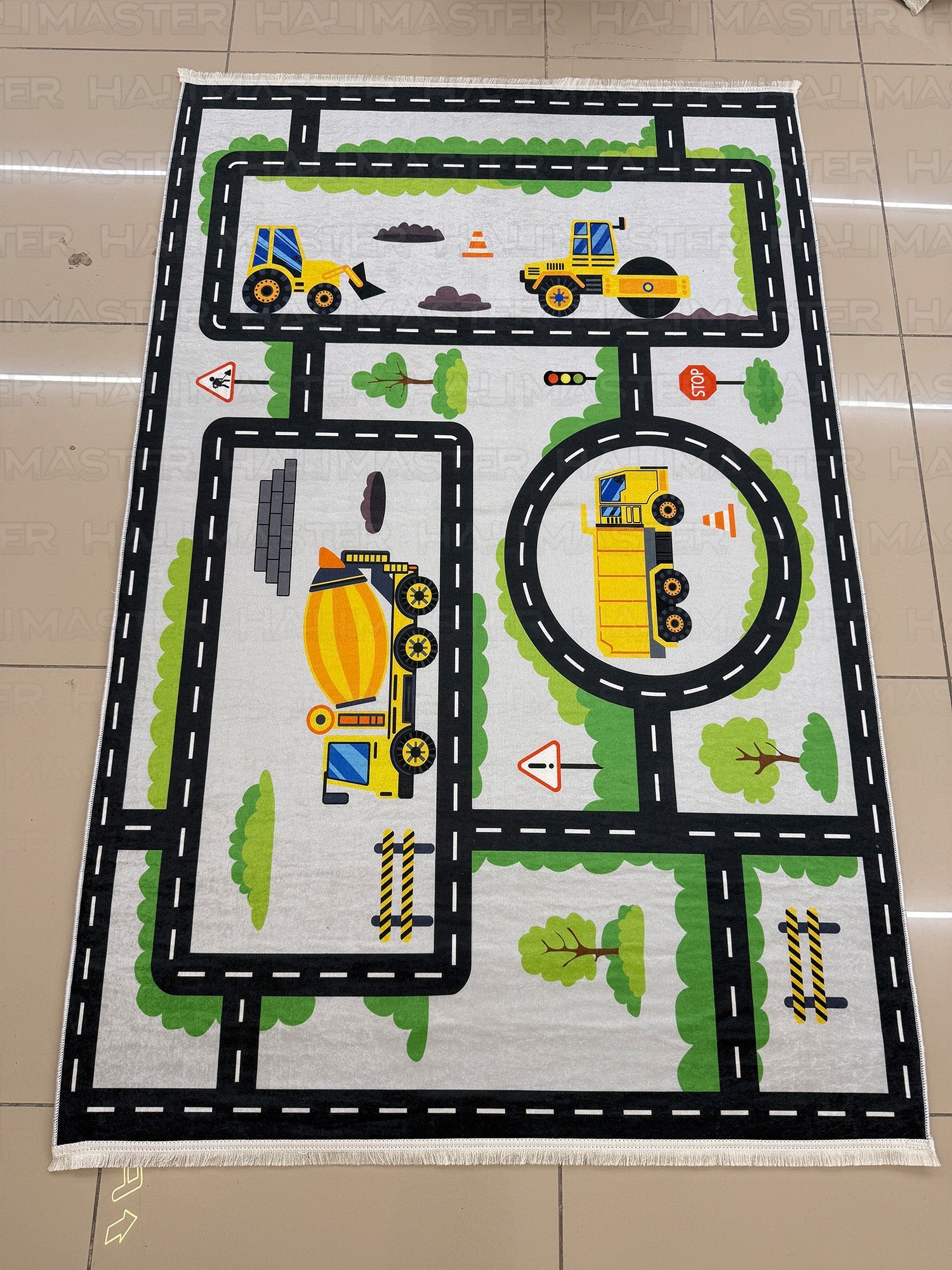 İnşaat Araçları ve Yol Desenli Çocuk Oyun Halısı - Kaymaz Tabanlı Eğitici Halı