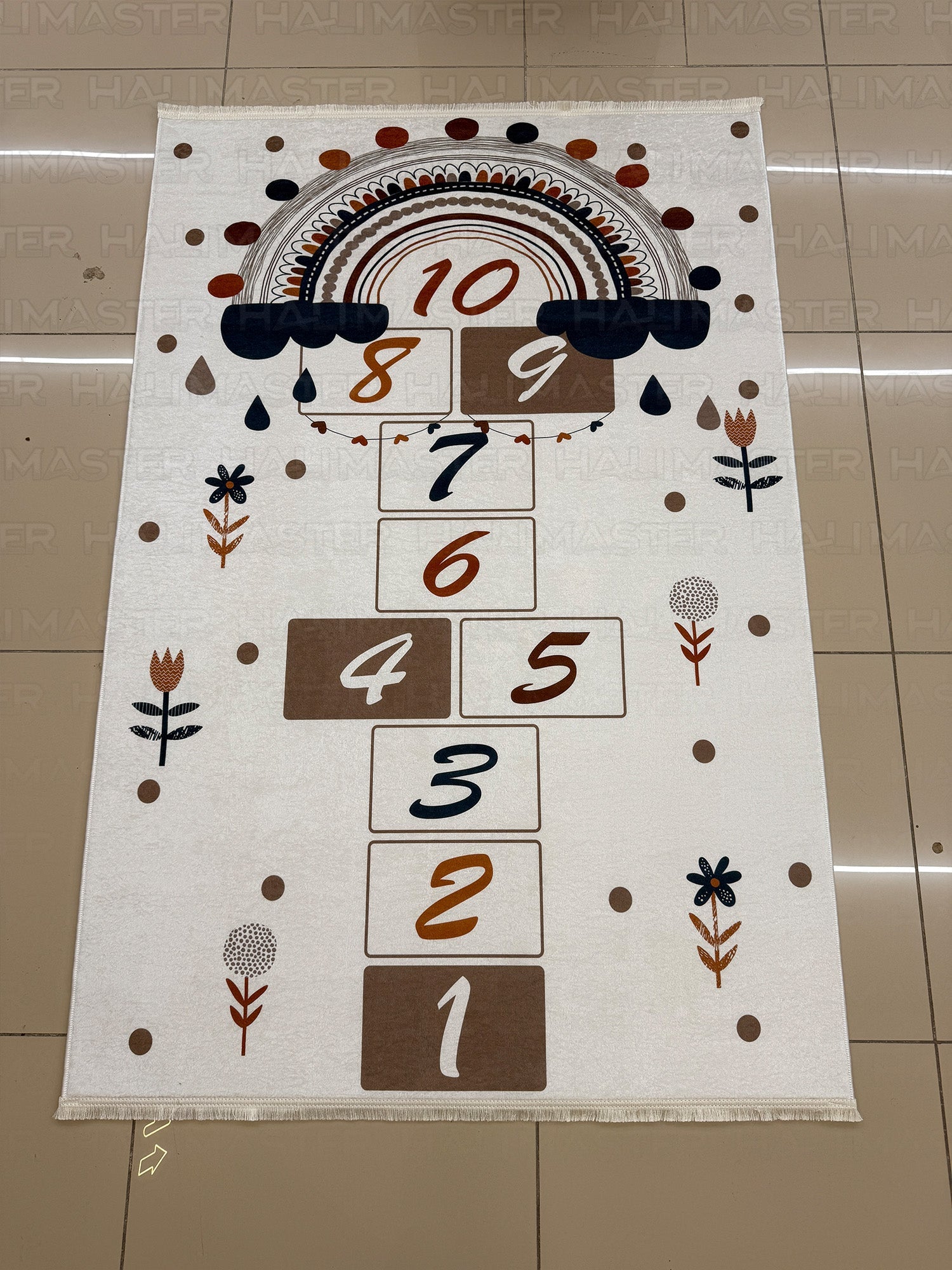Boho Gökkuşağı ve Seksek Desenli Çocuk Odası Halısı - Eğitici ve Kaymaz Tabanlı Oyun Halısı