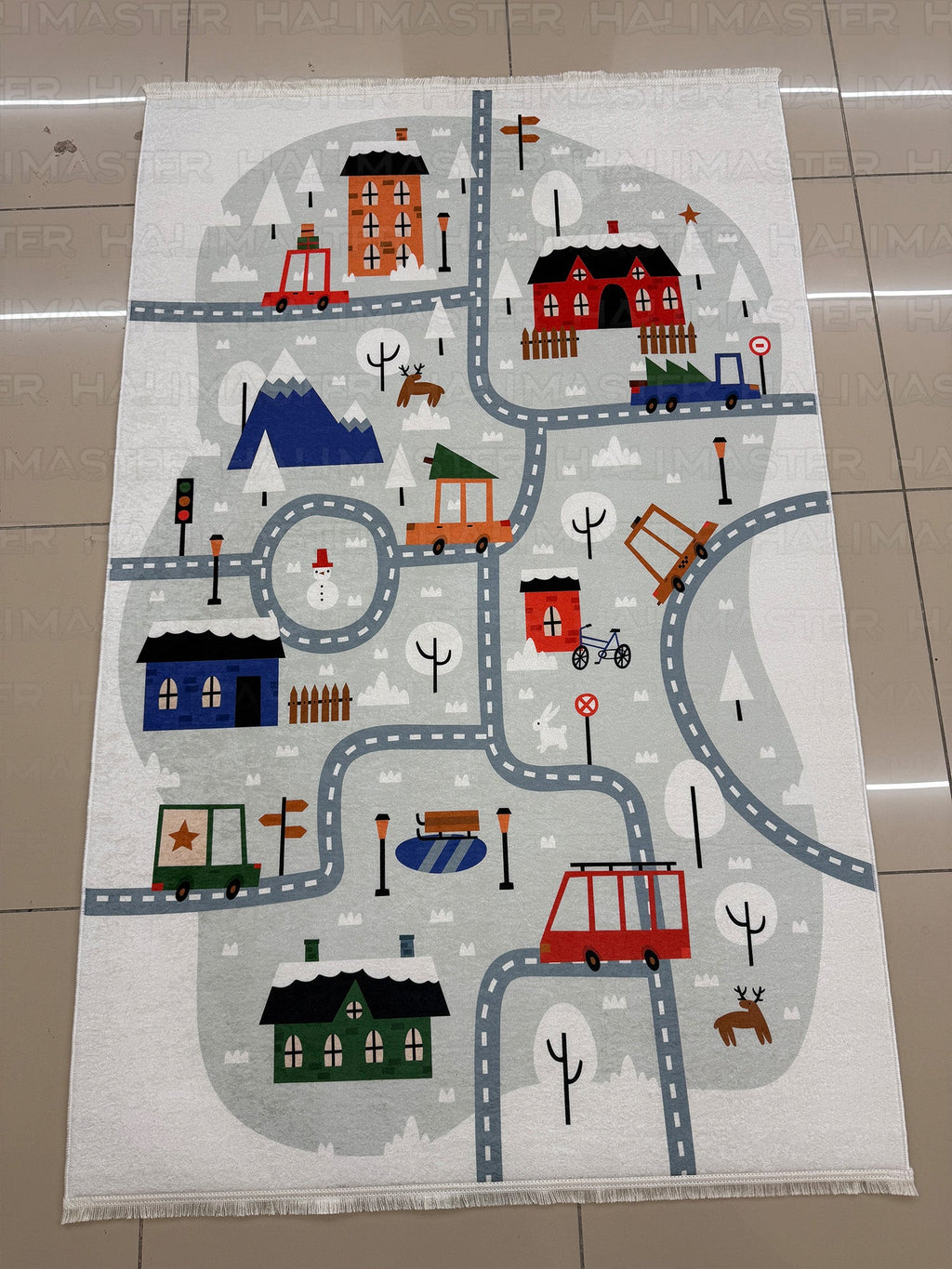 Eğitici Şehir ve Yol Temalı Çocuk Odası Halısı - Kış Konseptli Oyun Halısı