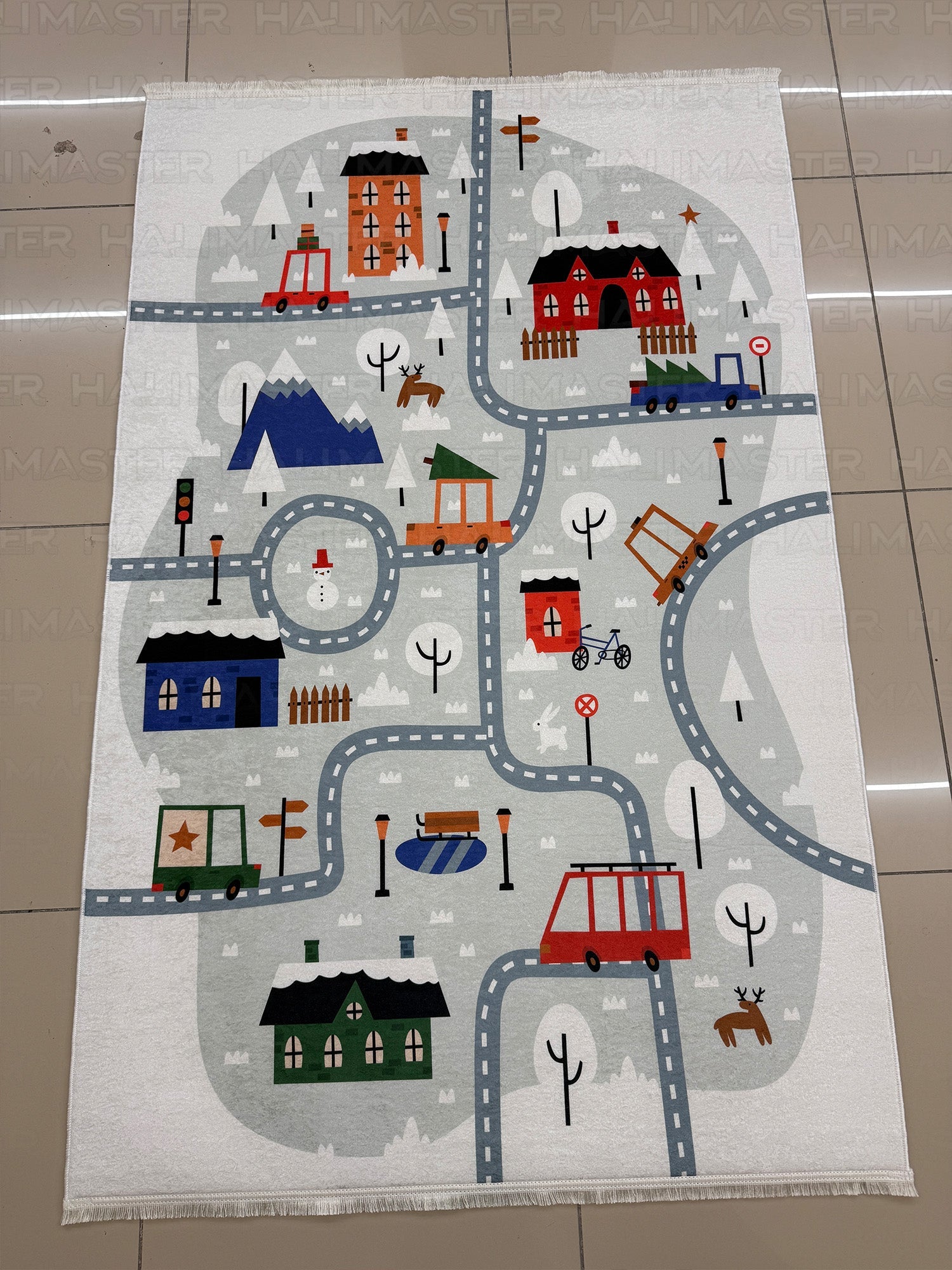 Eğitici Şehir ve Yol Temalı Çocuk Odası Halısı - Kış Konseptli Oyun Halısı