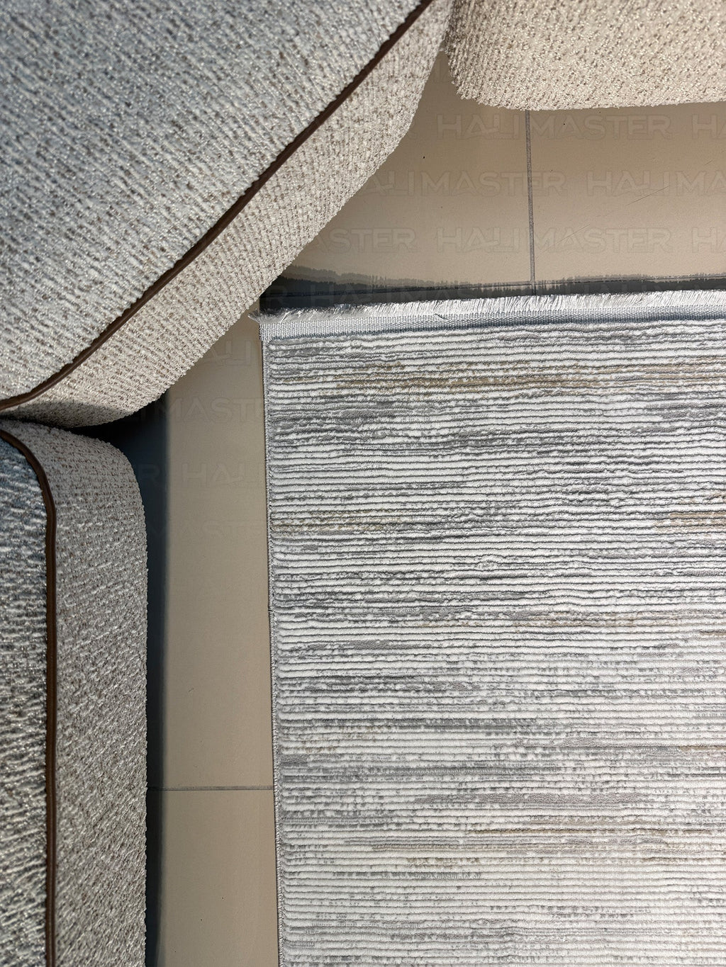 Modern Lineer Desenli Gri Vizon Halı - İskandinav Tarzı Saçaklı Salon Halısı