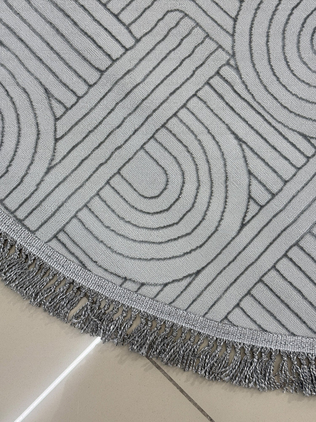Bohem Tarz Gri Oval Salon Halısı - Püsküllü Modern Labirent Desenli