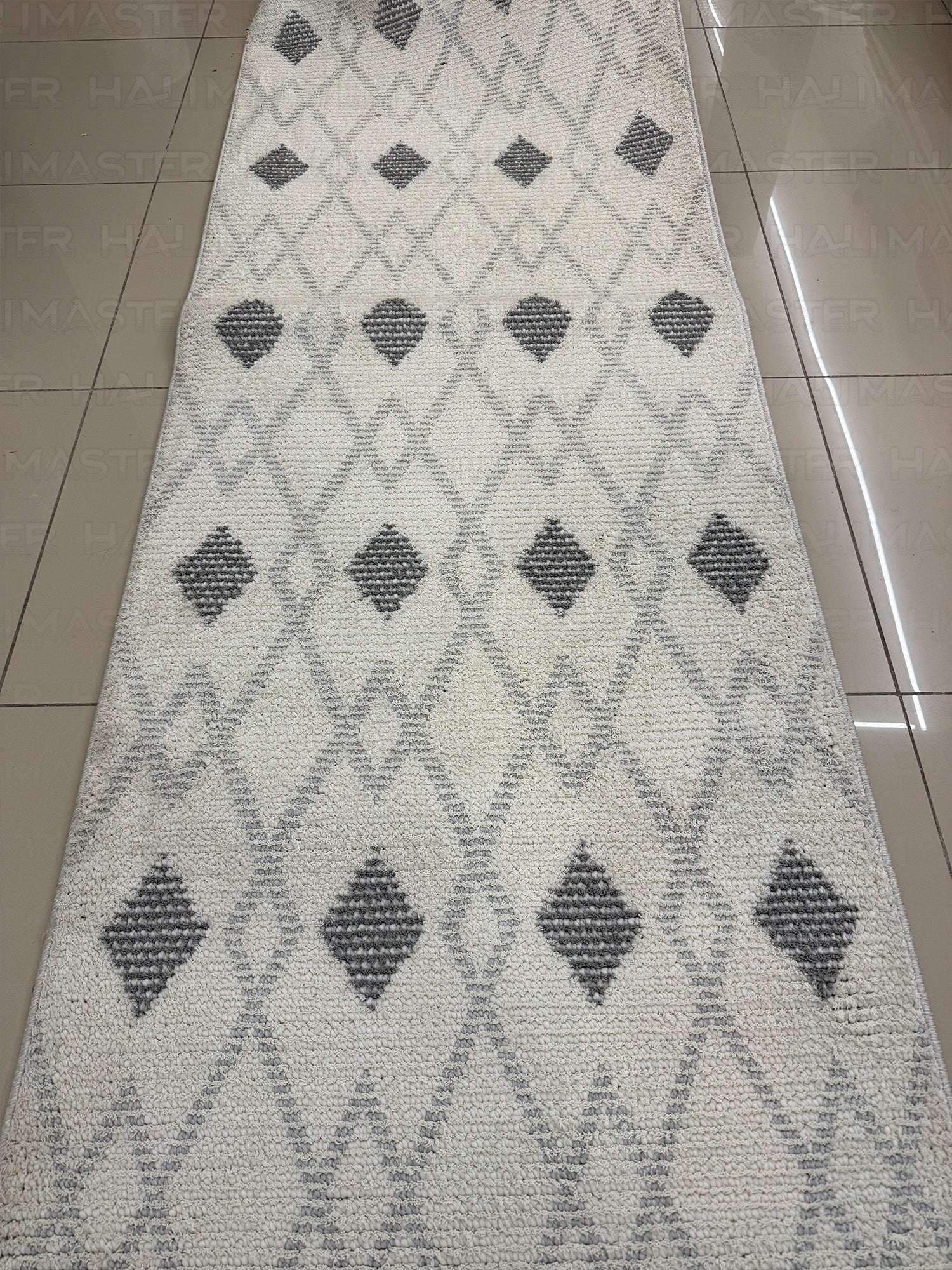 Dekoratif Modern Geometrik Desenli Yolluk - Gri Krem Baklava Desenli Halı - Özel Ölçü
