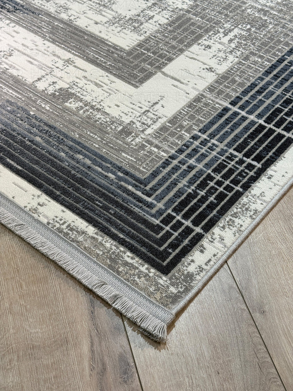 Modern Geometrik Desenli Gri Lacivert Salon Halısı - Soyut Tasarım Antrasit Halı