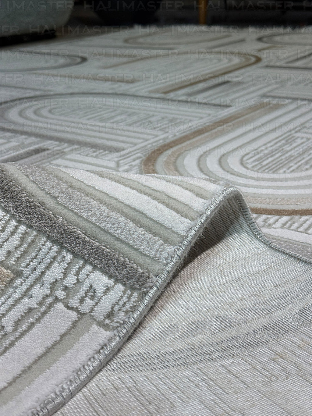 Modern Geometrik Kemer Desenli Salon Halısı - Krem Kahve Vizon