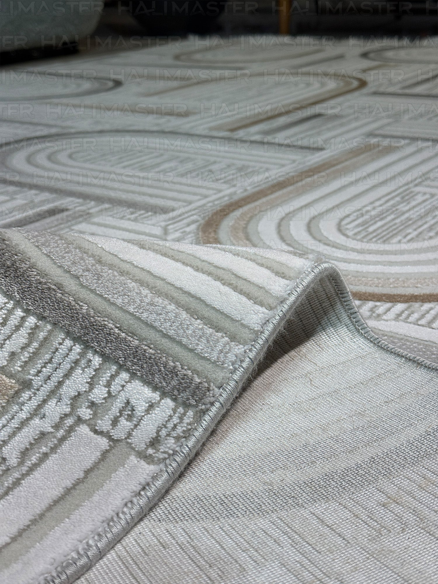 Modern Geometrik Kemer Desenli Salon Halısı - Krem Kahve Vizon