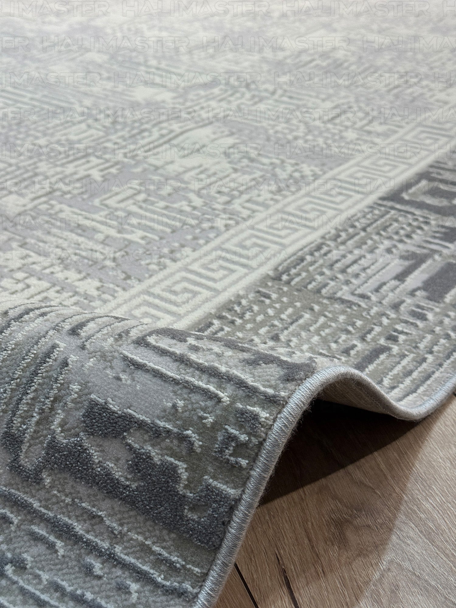 Gri Gümüş Greks Desenli Modern Salon Halısı - Saçaklı Eskitme Desen Lüks Halı