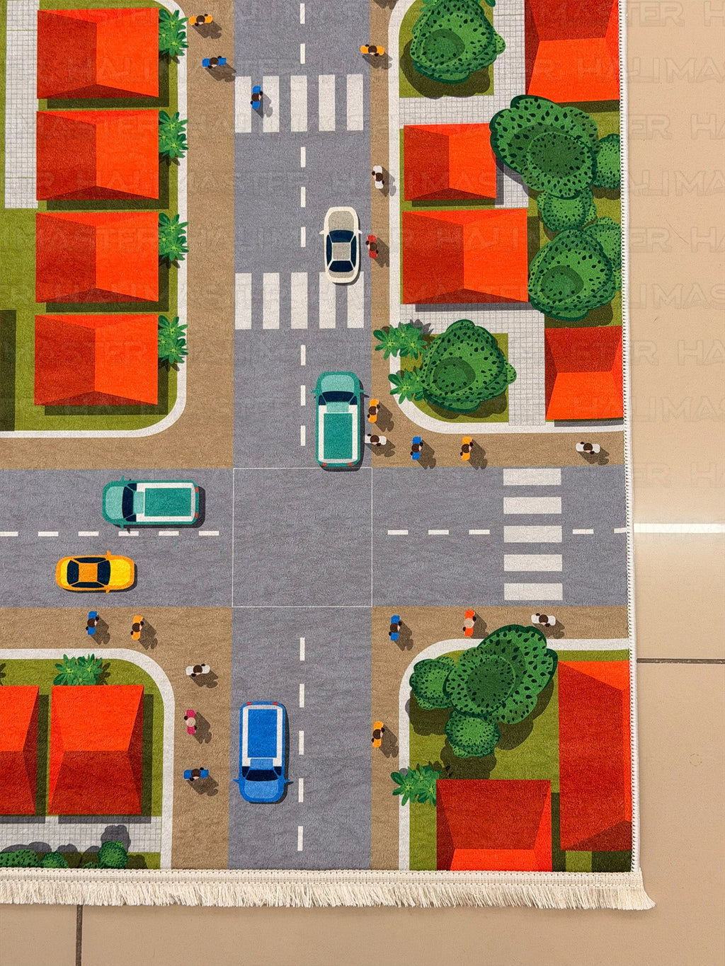 Eğitici Şehir ve Trafik Temalı Çocuk Oyun Halısı - Yol Desenli Kaymaz Taban Bebek Odası Halısı