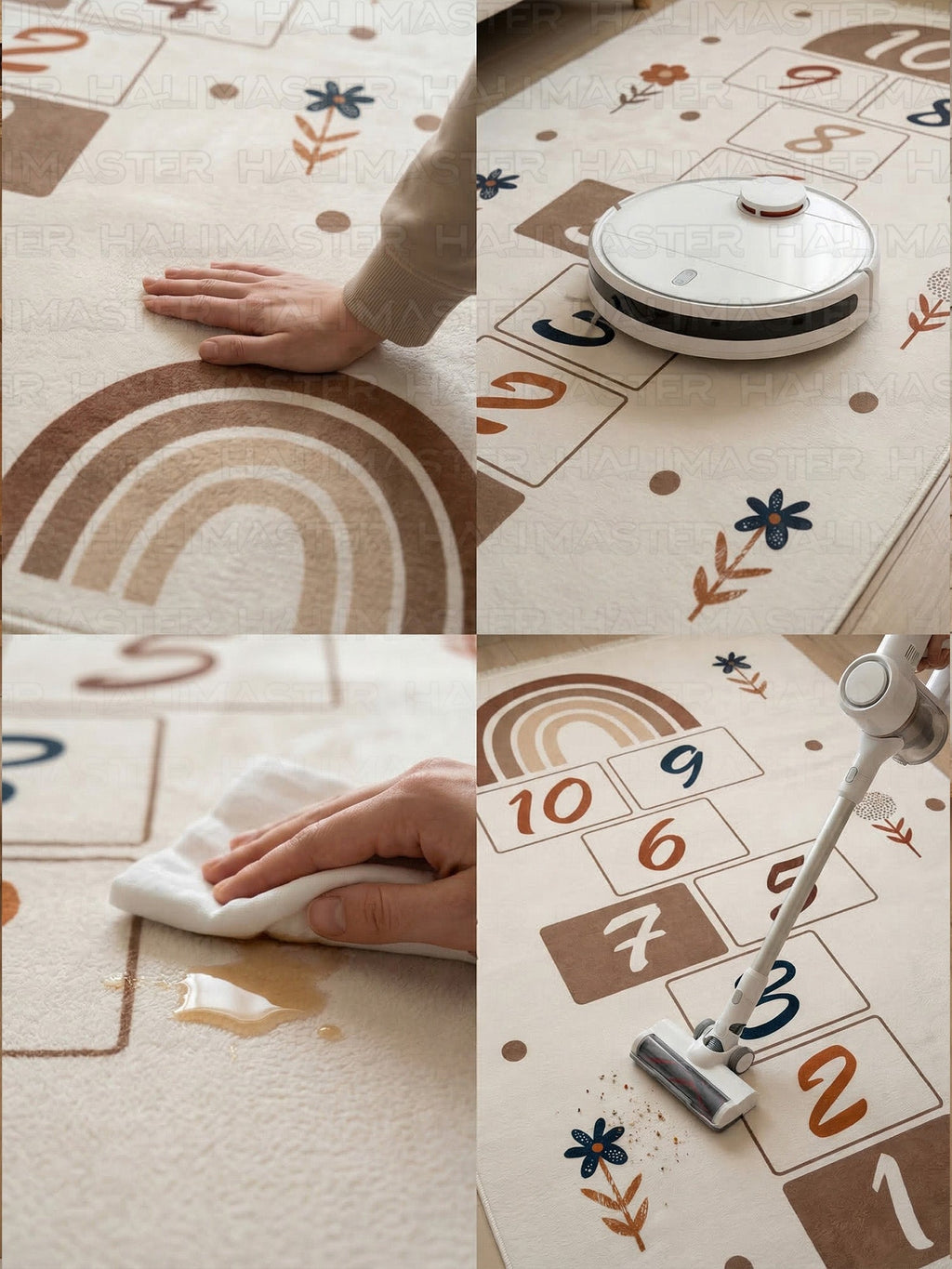 Boho Gökkuşağı ve Seksek Desenli Çocuk Odası Halısı - Eğitici ve Kaymaz Tabanlı Oyun Halısı