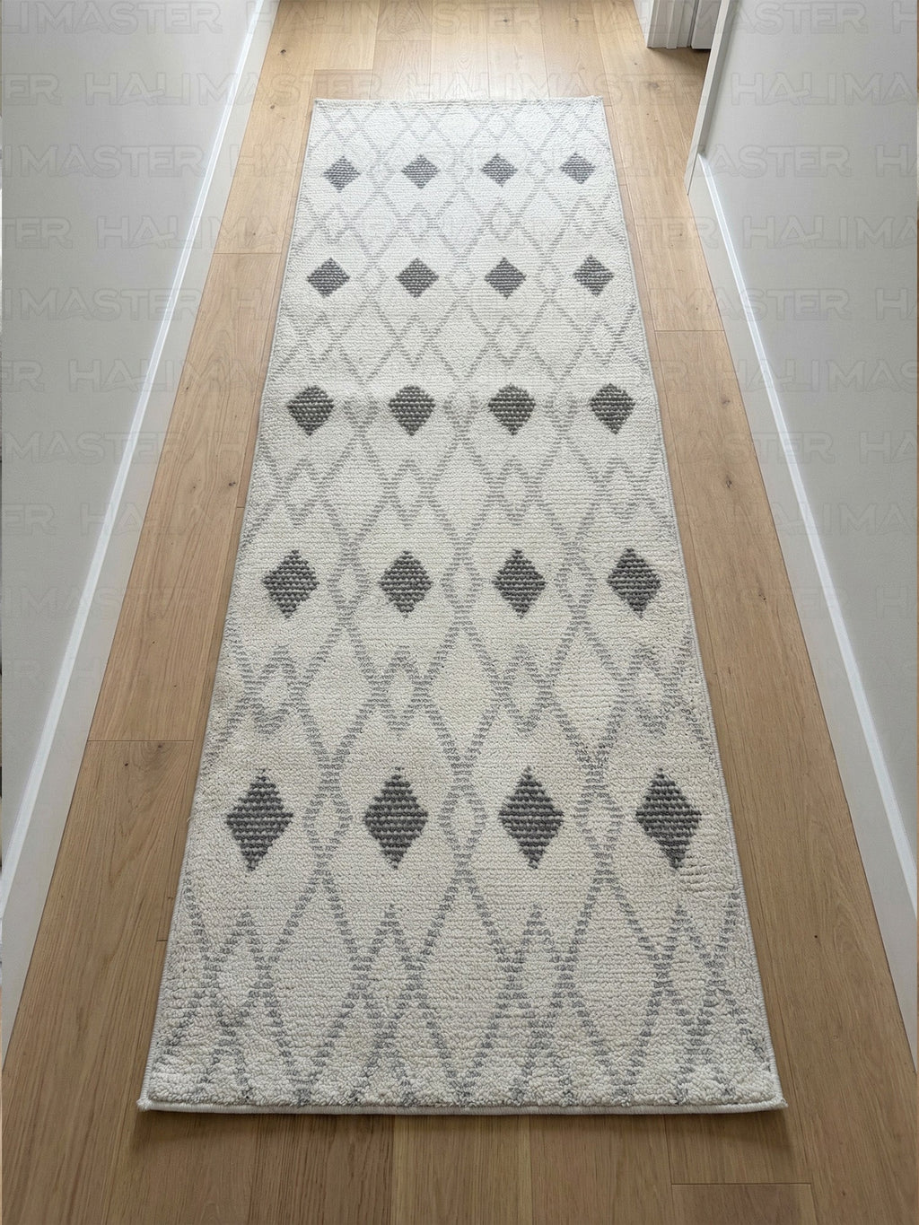 Dekoratif Modern Geometrik Desenli Yolluk - Gri Krem Baklava Desenli Halı - Özel Ölçü