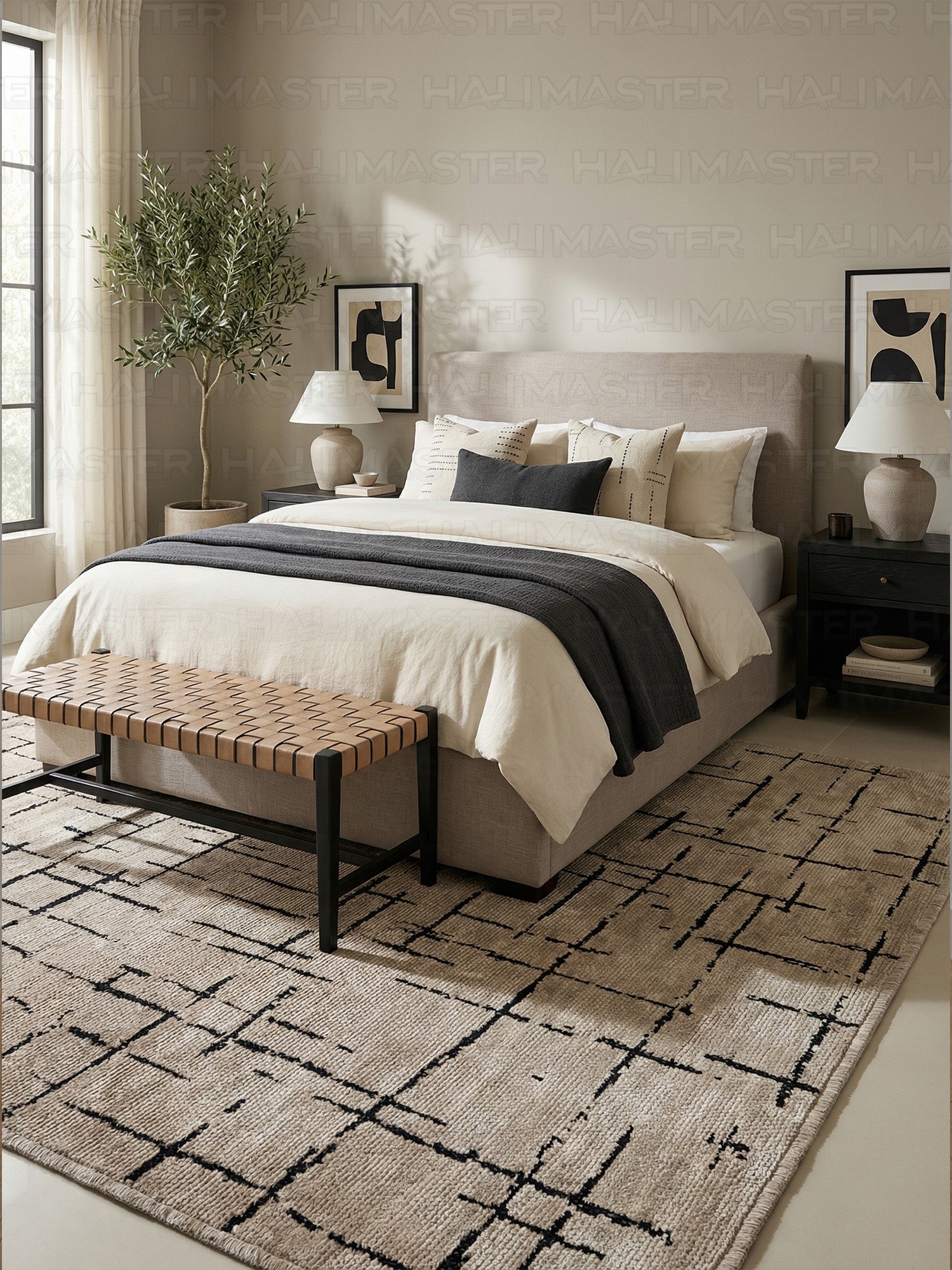 Kilim Siyah Çizgili Modern Açık Kahve Bej - Salon Halısı ve Yolluk Özel Ölçü
