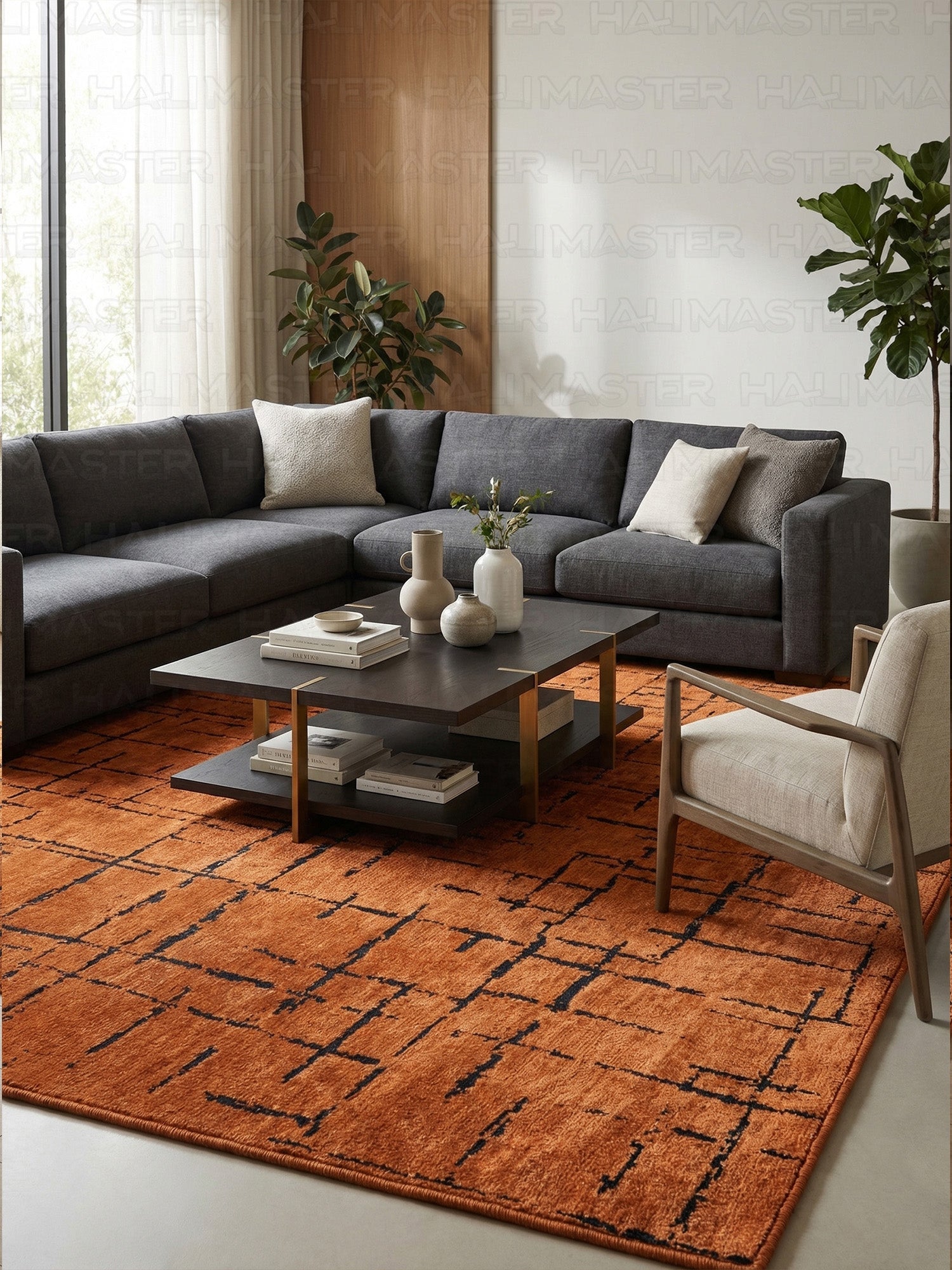 Kilim Siyah Çizgili Modern Kiremit Turuncu Salon Halısı ve Yolluk Özel Ölçü