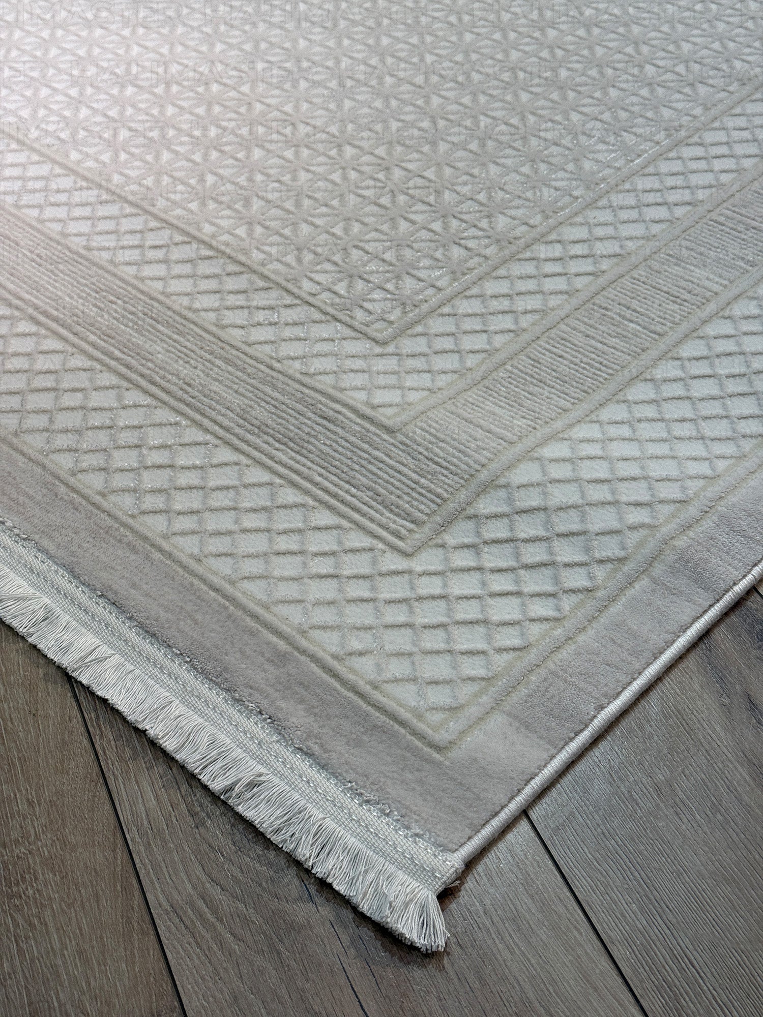 Modern Geometrik Desenli Saçaklı Salon Halısı - Ekru / Krem