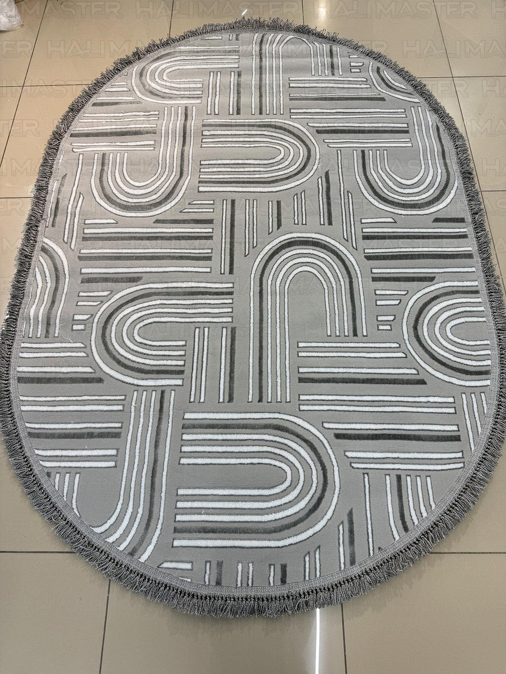 Premium Koleksiyon Geometrik Motifli Oval Halı - Gri Melanj Dokulu