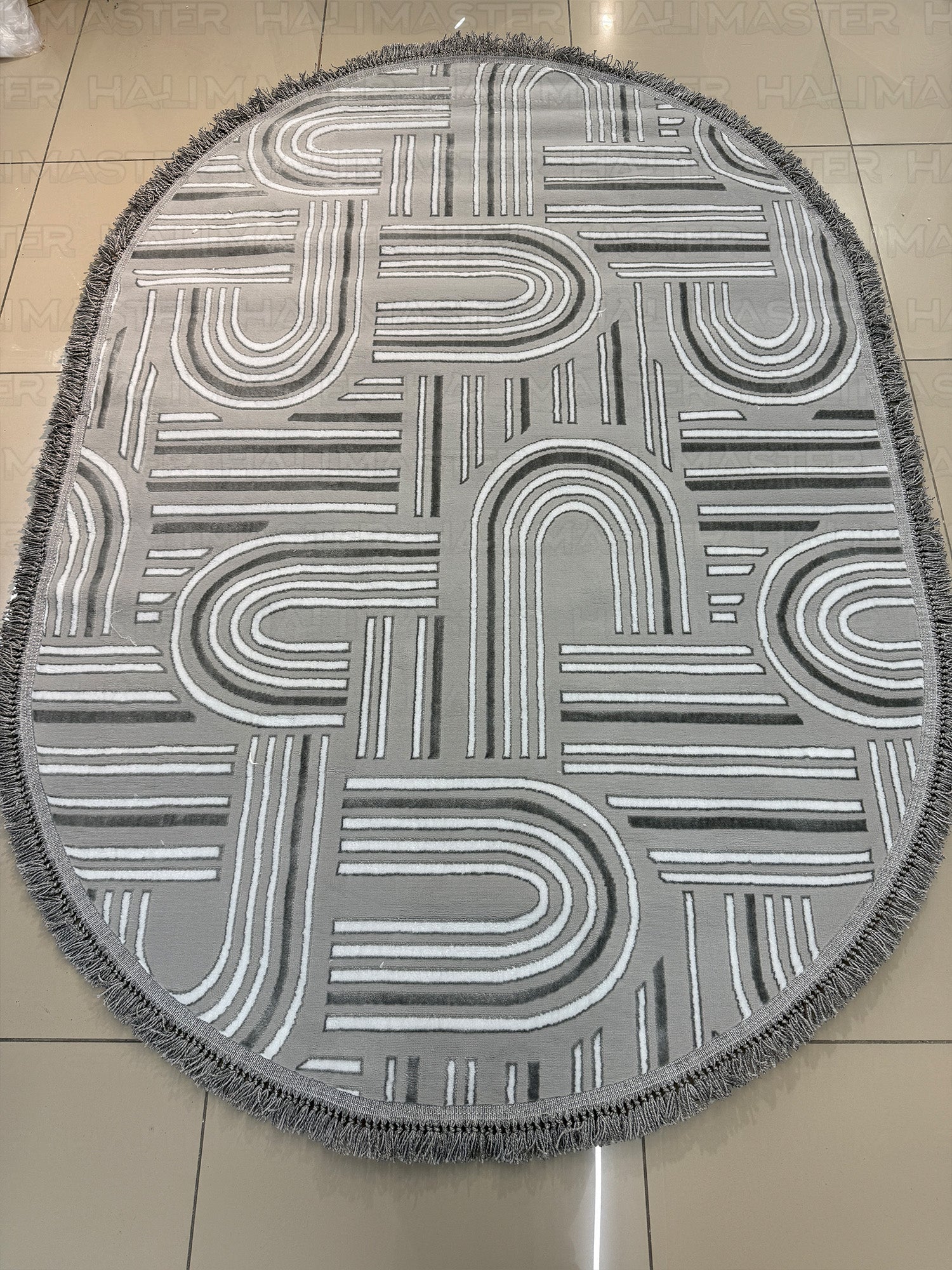 Premium Koleksiyon Geometrik Motifli Oval Halı - Gri Melanj Dokulu