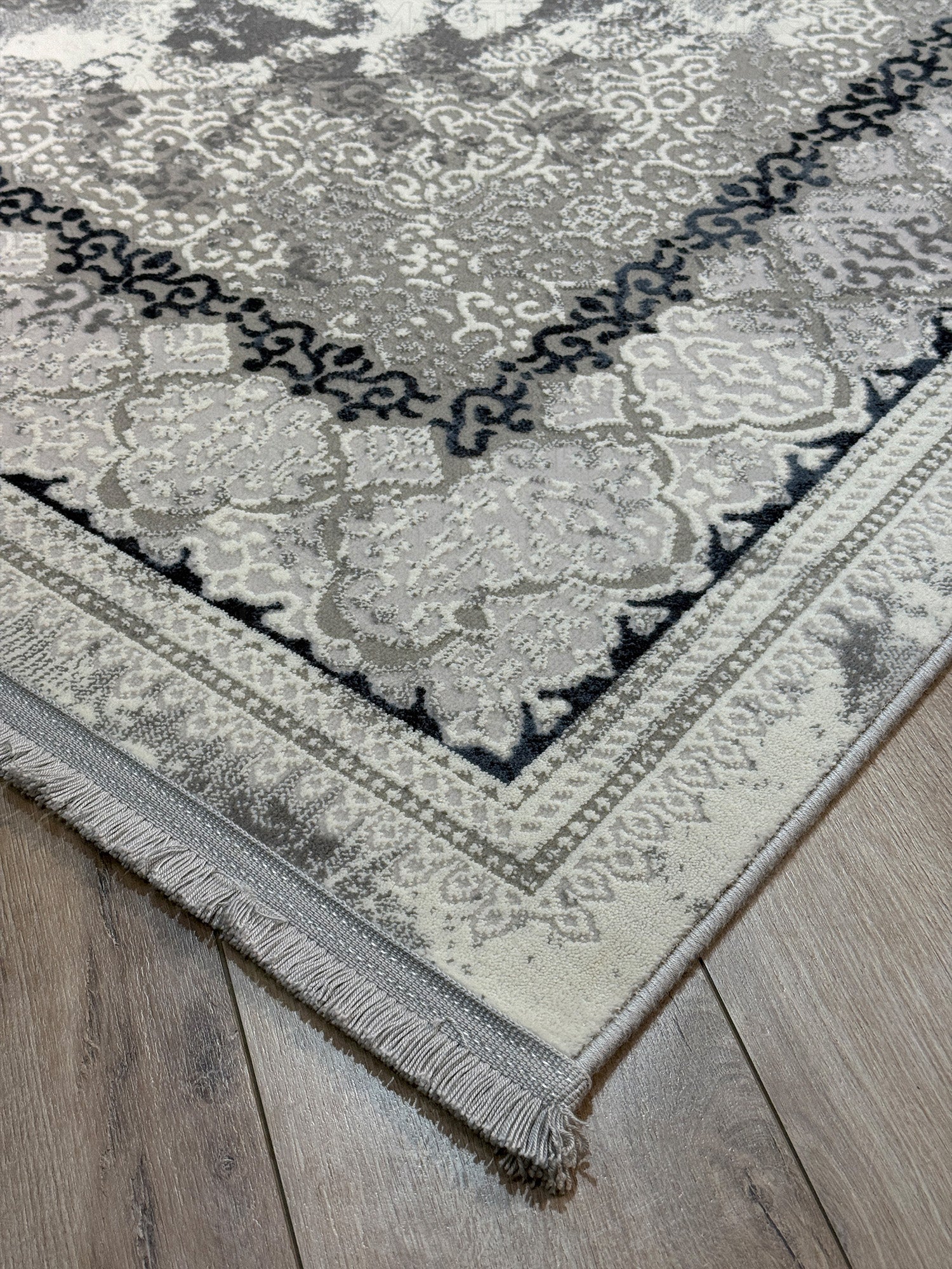Modern Gri Madalyon Desenli Eskitme Halı - Toz Tutmaz Salon ve Oda Halısı