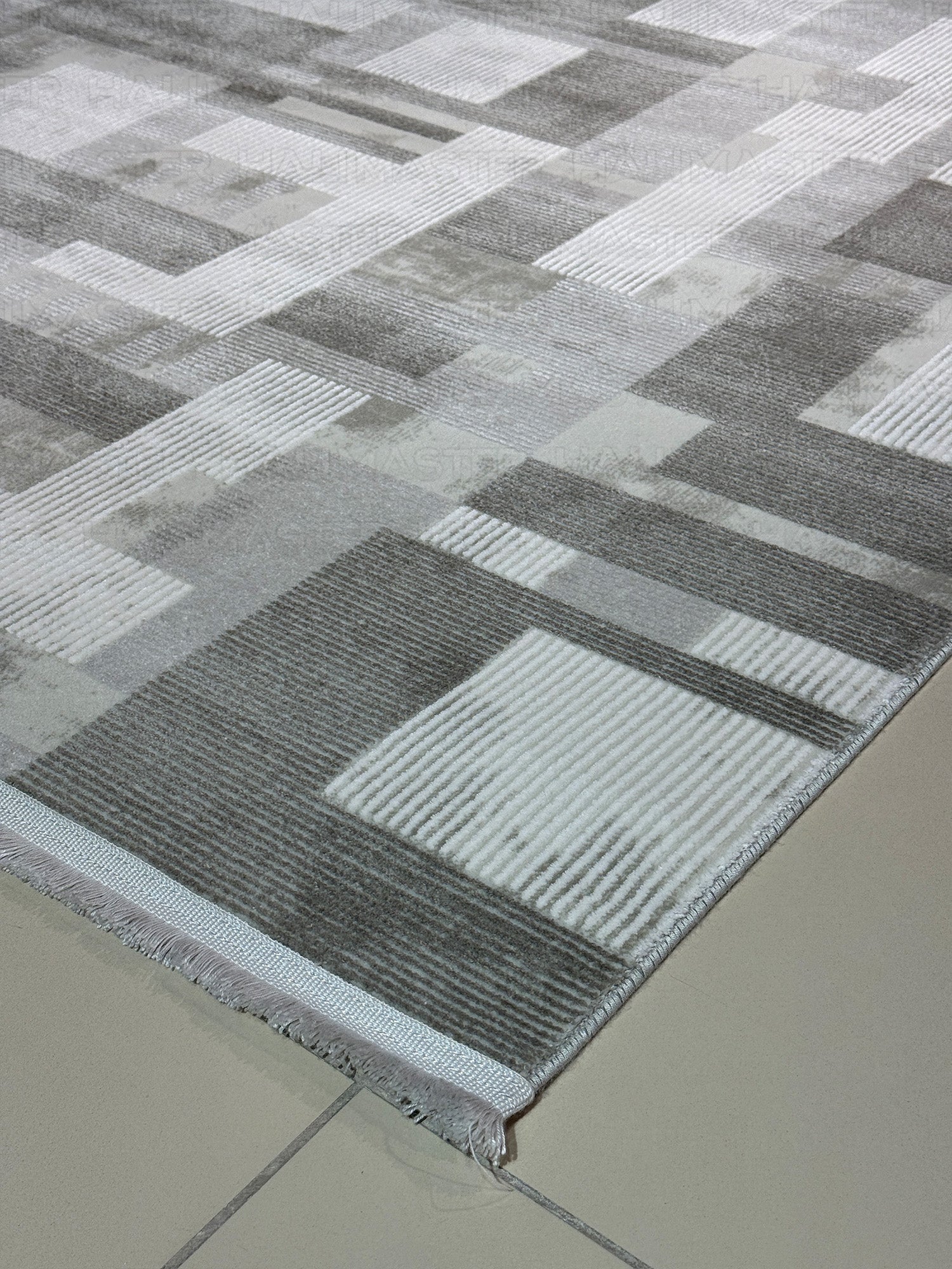 Modern Geometrik Desenli Salon Halısı - Gri ve Beyaz Tonları