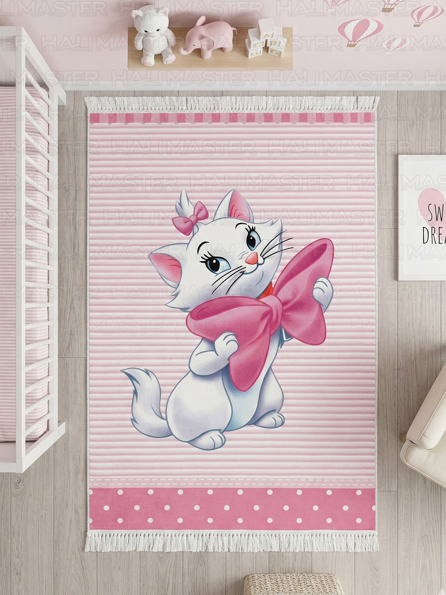 Marie Kedi Karakterli Pembe Çizgili Çocuk ve Bebek Odası Halısı - Kaymaz Taban