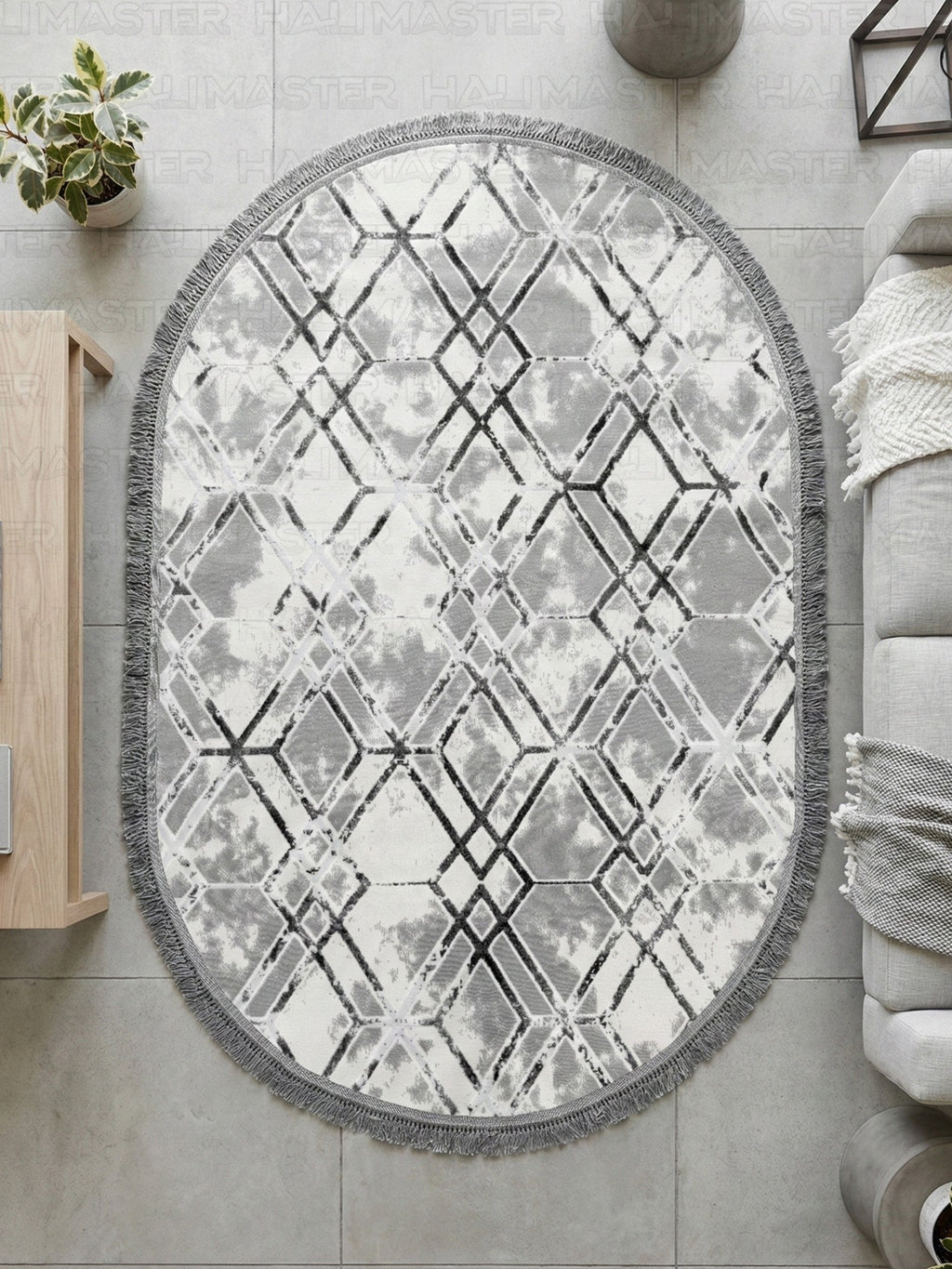 Antrasit Çizgili Geometrik Desenli Oval Halı