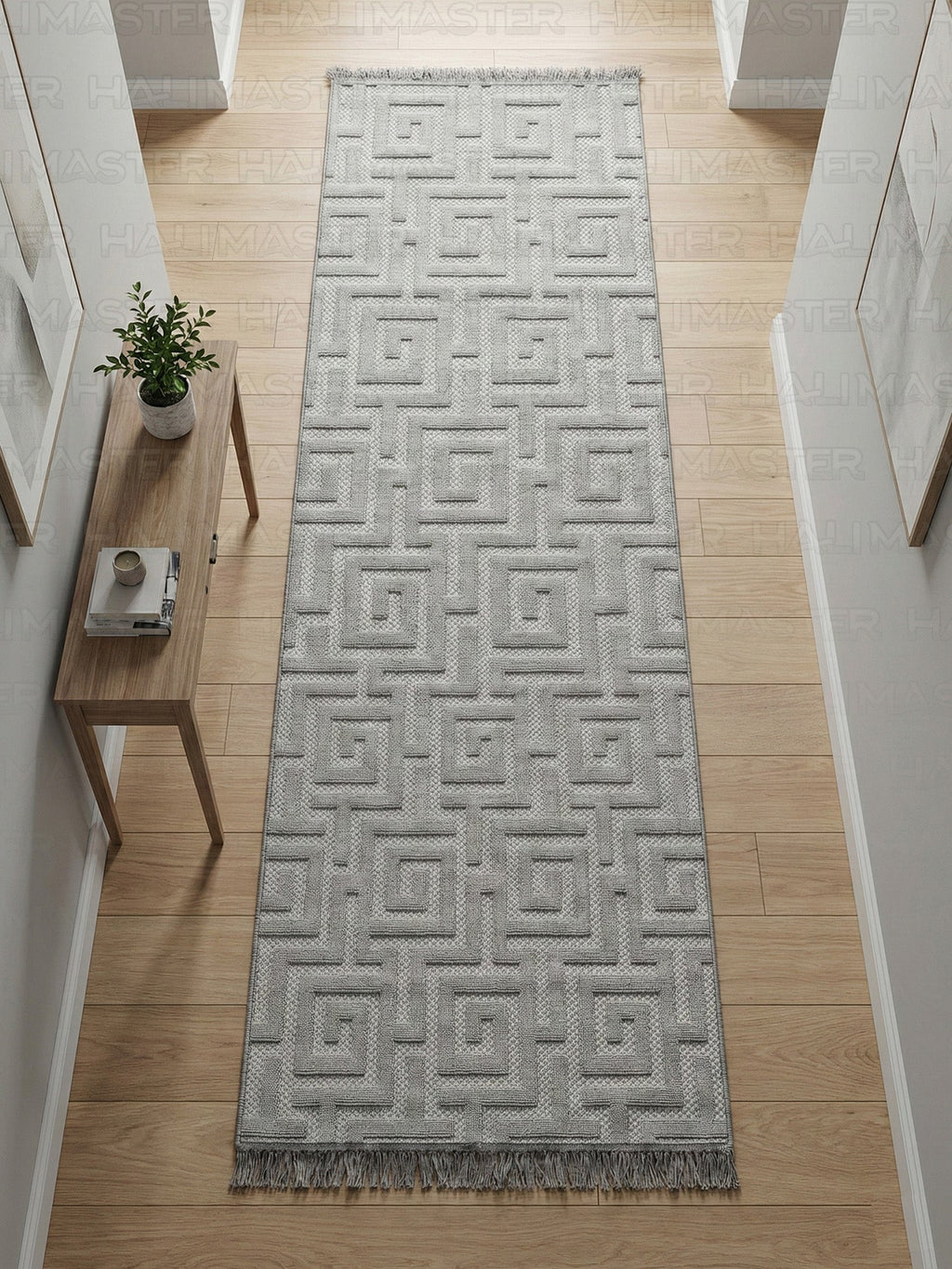 Dekoratif Gri Geometrik Desenli Kabartmalı Modern Halı - Saçaklı ve Özel Ölçü