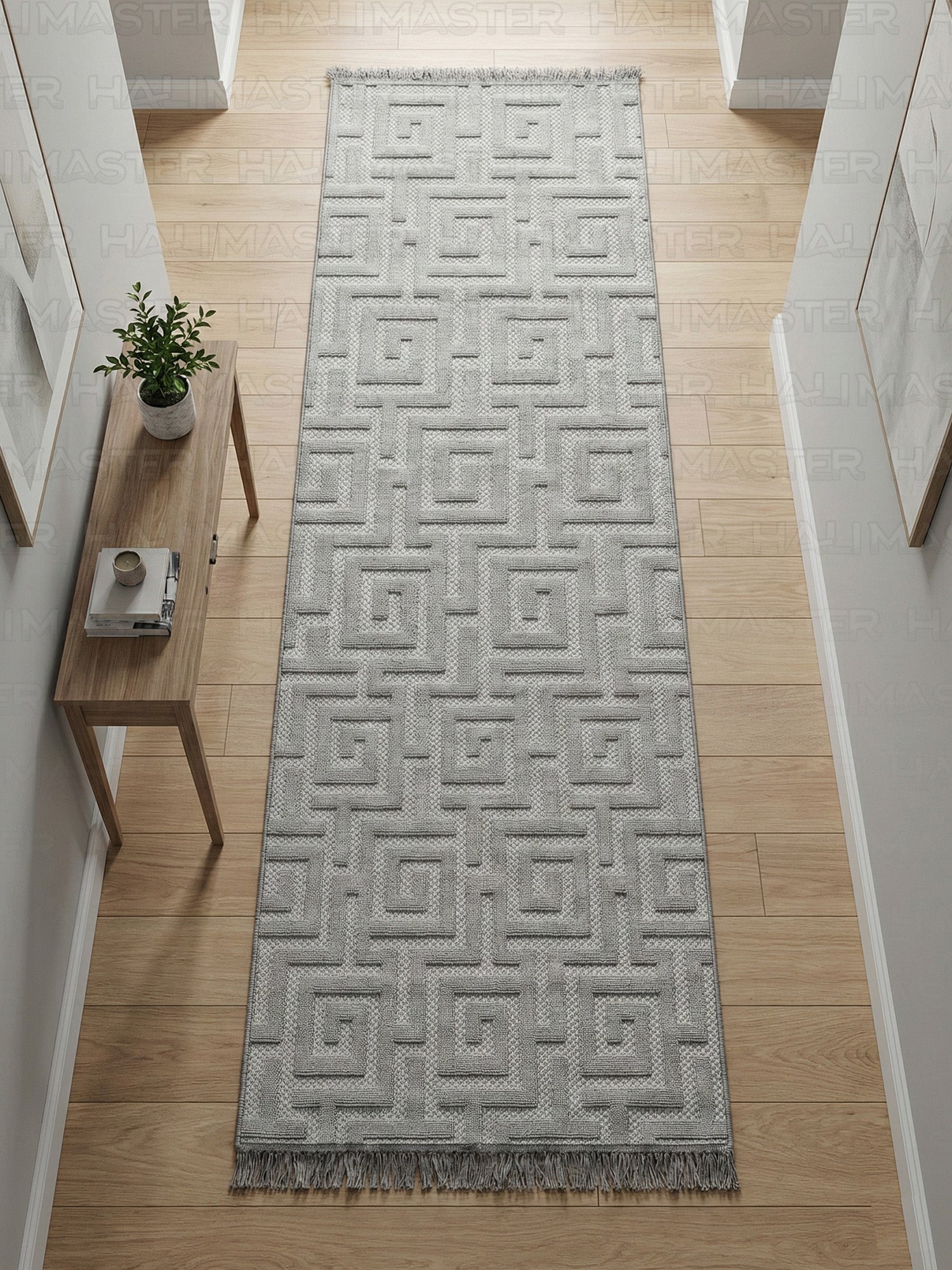 Dekoratif Gri Geometrik Desenli Kabartmalı Modern Halı - Saçaklı ve Özel Ölçü