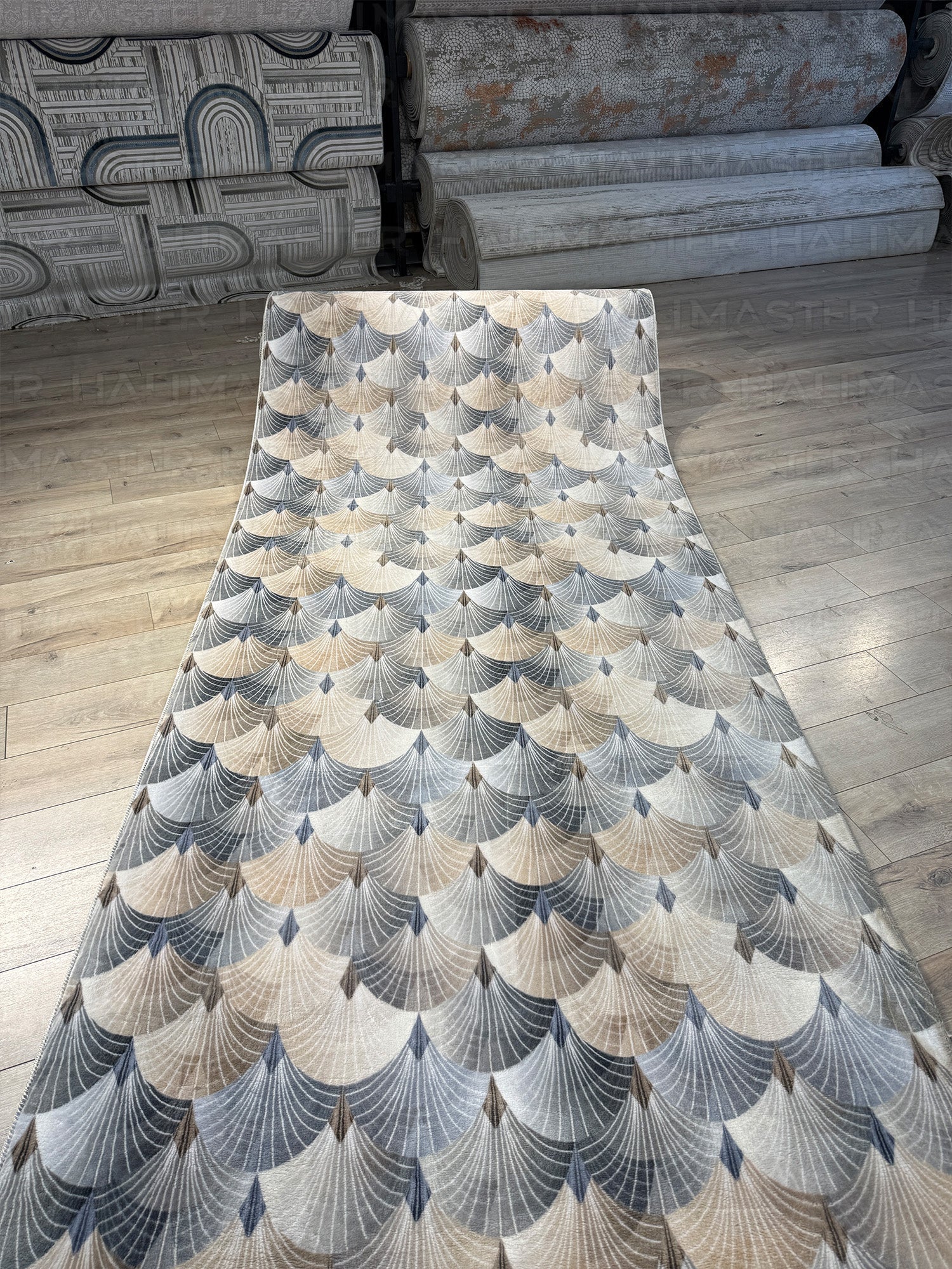 Bambu Art Deco Yelpaze Desenli Kaymaz Taban Özel Ölçü Kesilebilir Modern Halı