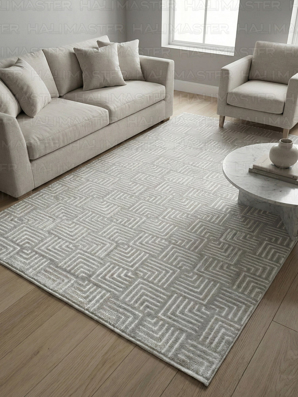 Akrilik Modern Geometrik Desenli Gri Halı – Özel Ölçü Salon & Antre Halısı