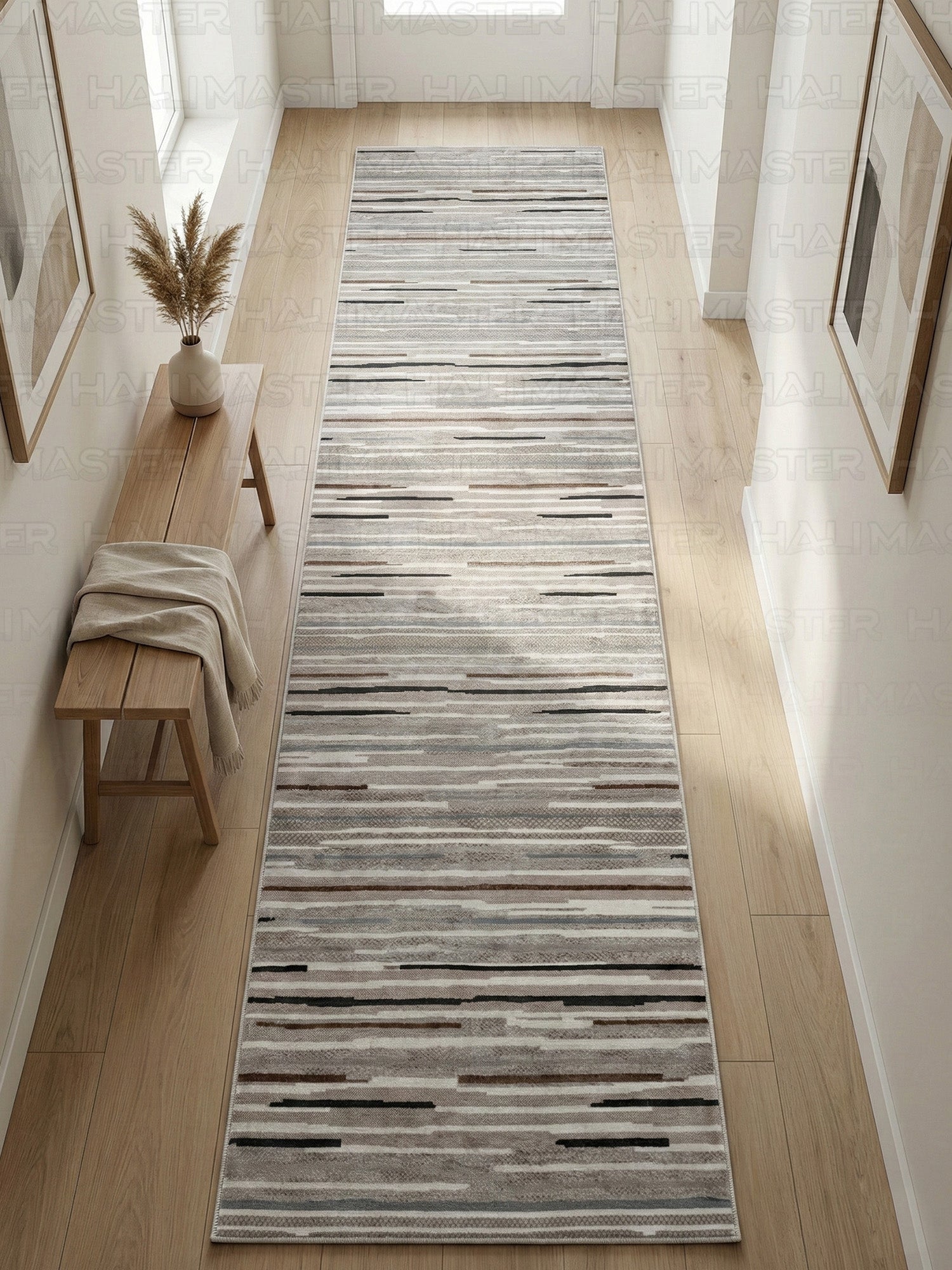 Bambu Soyut Desenli Antrasit Bej Modern Kaymaz Taban Halı ve Kesme Yolluk