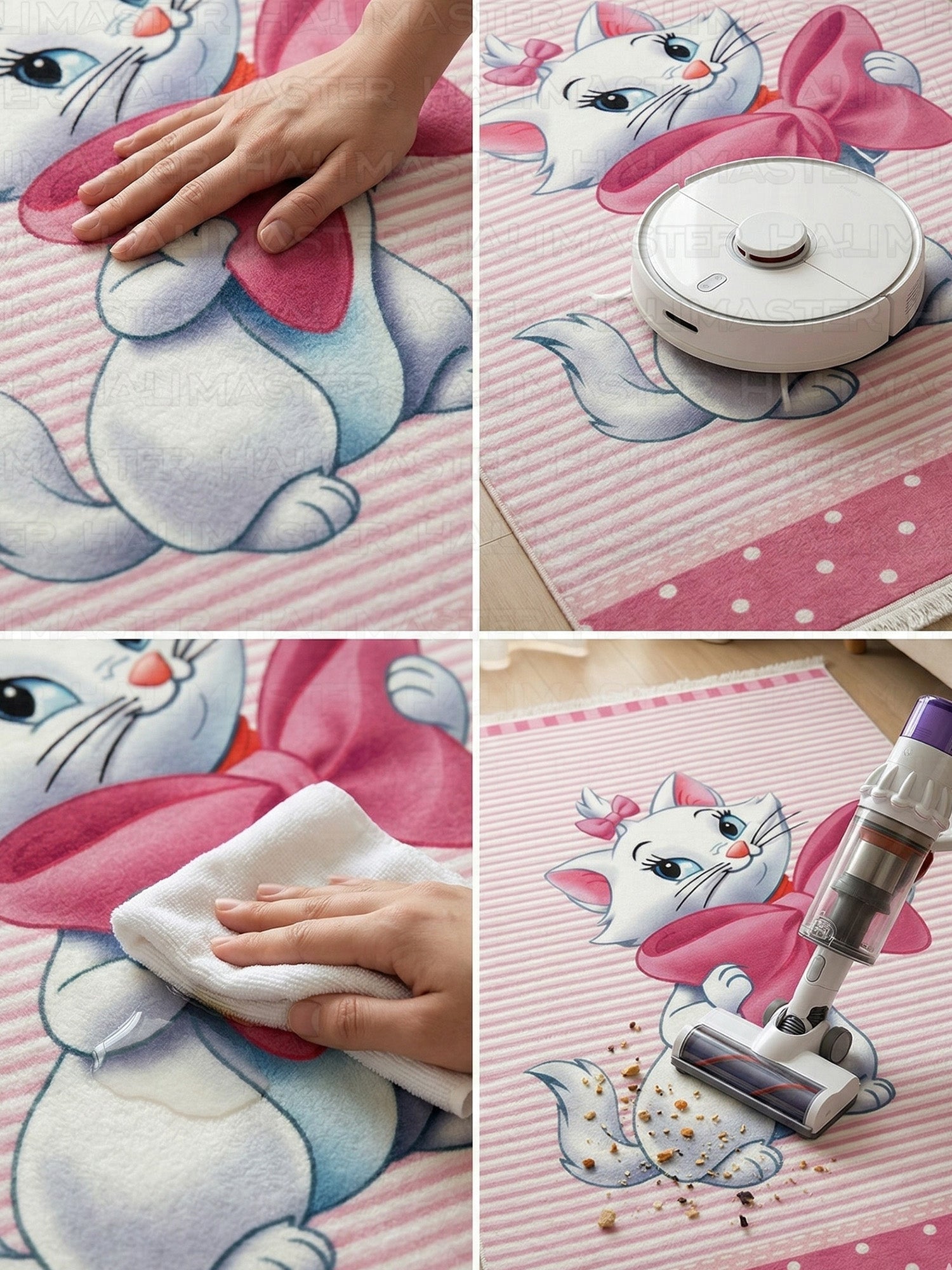 Marie Kedi Karakterli Pembe Çizgili Çocuk ve Bebek Odası Halısı - Kaymaz Taban