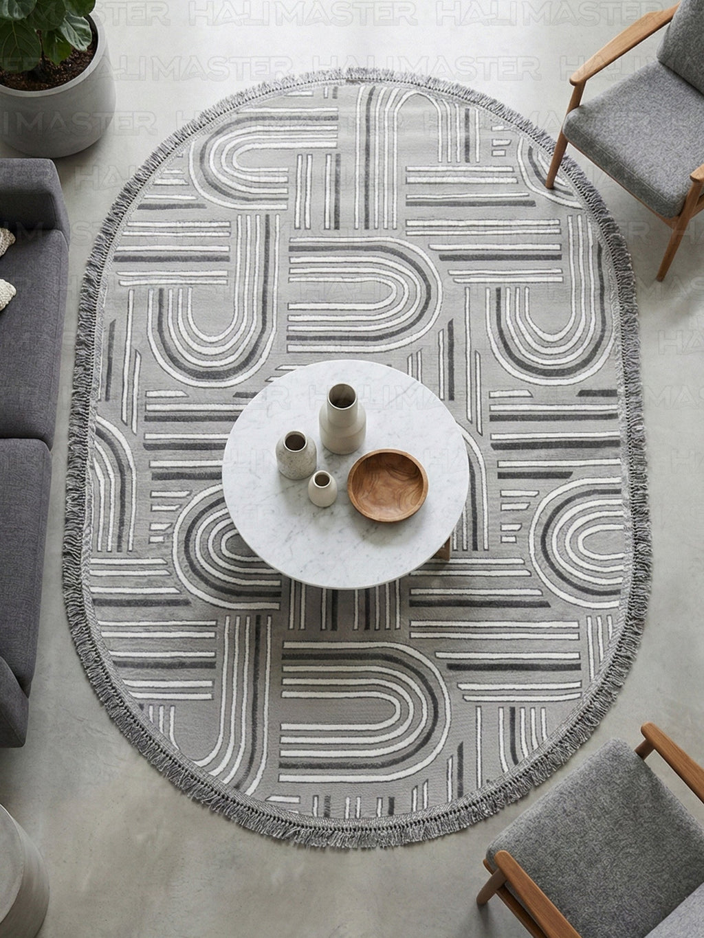 Premium Koleksiyon Geometrik Motifli Oval Halı - Gri Melanj Dokulu