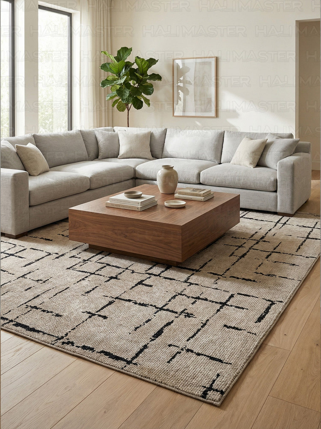 Kilim Siyah Çizgili Modern Açık Kahve Bej - Salon Halısı ve Yolluk Özel Ölçü