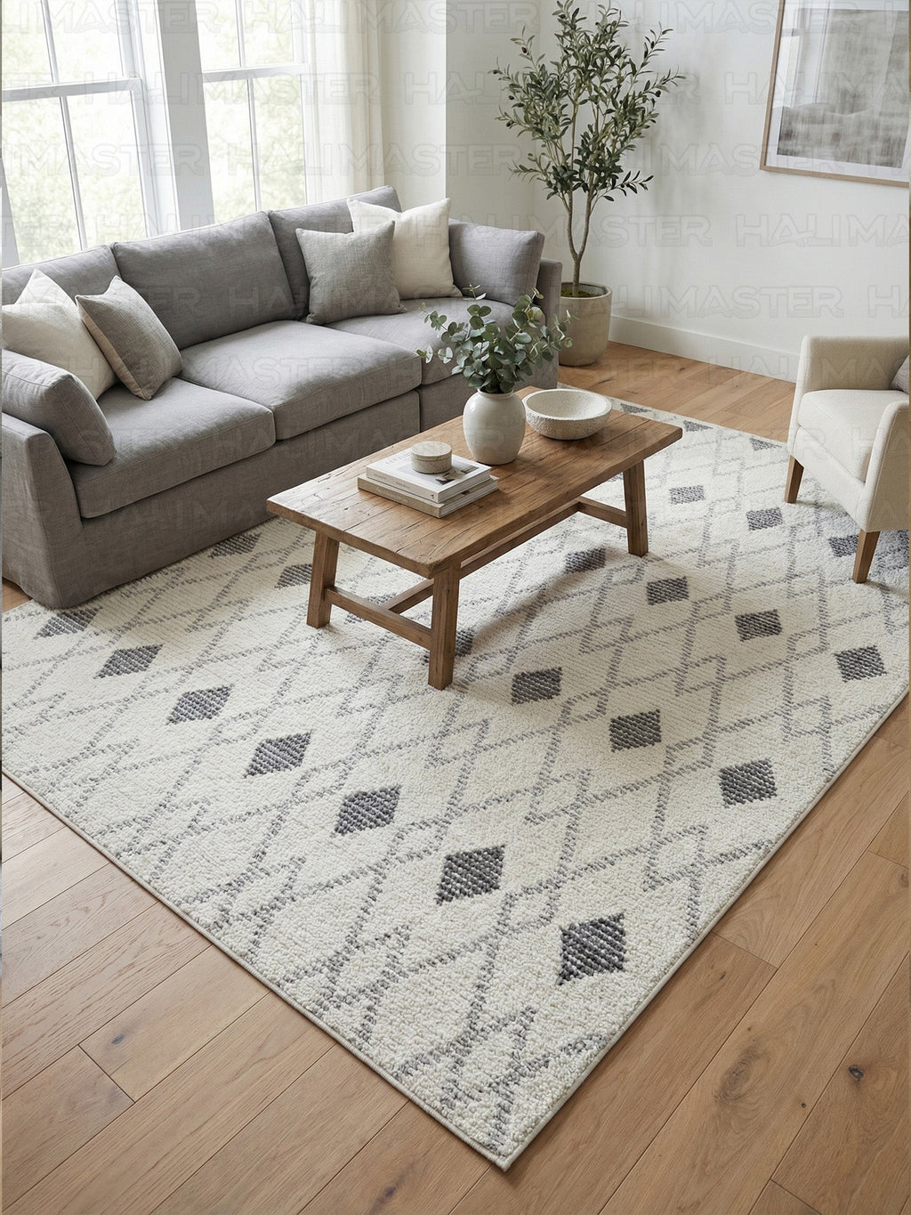 Dekoratif Modern Geometrik Desenli Yolluk - Gri Krem Baklava Desenli Halı - Özel Ölçü