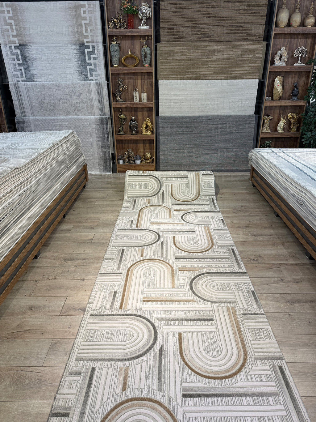 Neva Modern Kemer Desenli Bej Gri Özel Ölçü Yolluk-Halı