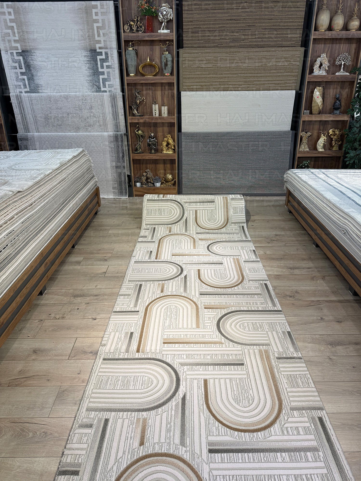 Neva Modern Kemer Desenli Bej Gri Özel Ölçü Yolluk-Halı