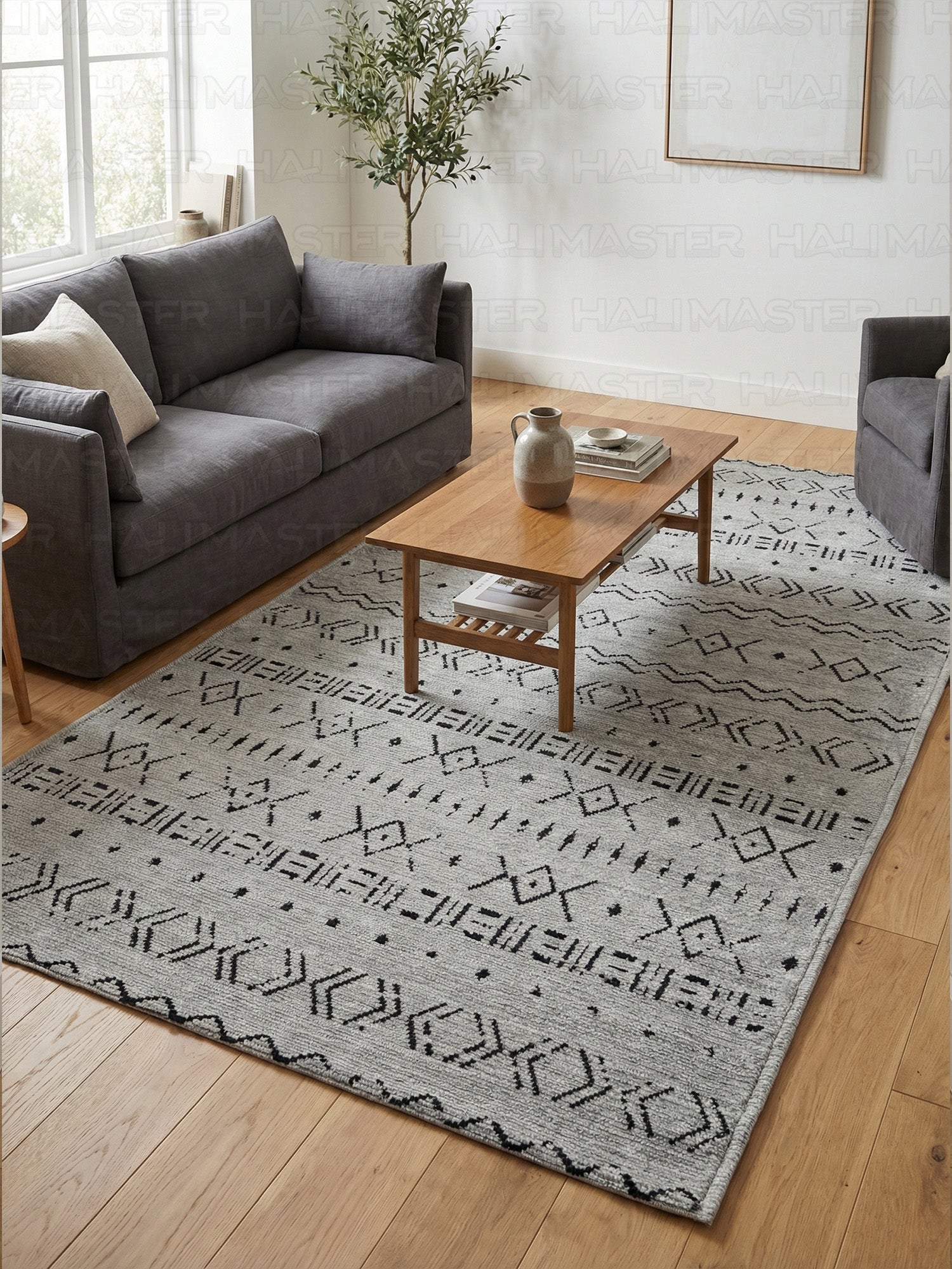 Kilim Etnik Desenli Gri Siyah Modern Halı & Yolluk - Özel Ölçü Seçeneği