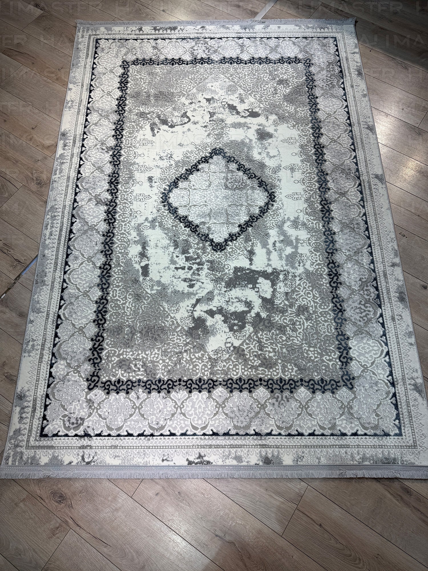 Modern Gri Madalyon Desenli Eskitme Halı - Toz Tutmaz Salon ve Oda Halısı