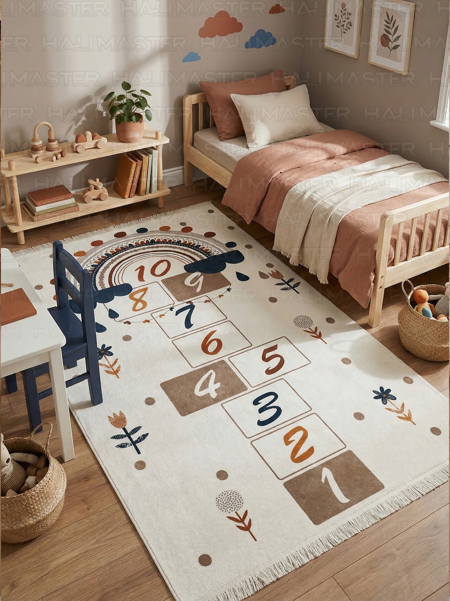 Boho Gökkuşağı ve Seksek Desenli Çocuk Odası Halısı - Eğitici ve Kaymaz Tabanlı Oyun Halısı