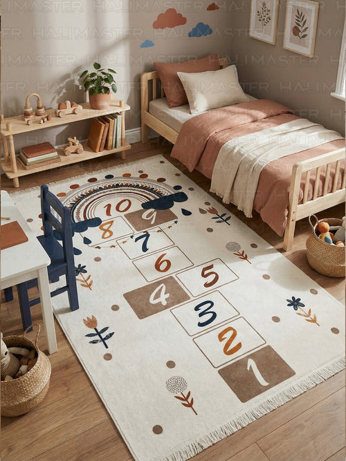 Boho Gökkuşağı ve Seksek Desenli Çocuk Odası Halısı - Eğitici ve Kaymaz Tabanlı Oyun Halısı