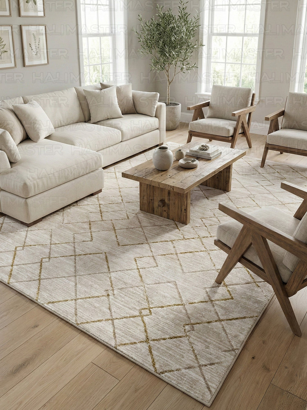 Akrilik Özel Ölçü Modern Geometrik Krem Halı – Altın Çizgi Desenli Minimal Salon & Koridor Halısı