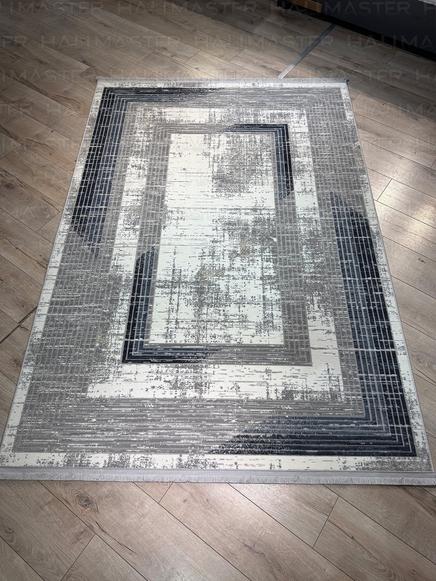 Modern Geometrik Desenli Gri Lacivert Salon Halısı - Soyut Tasarım Antrasit Halı