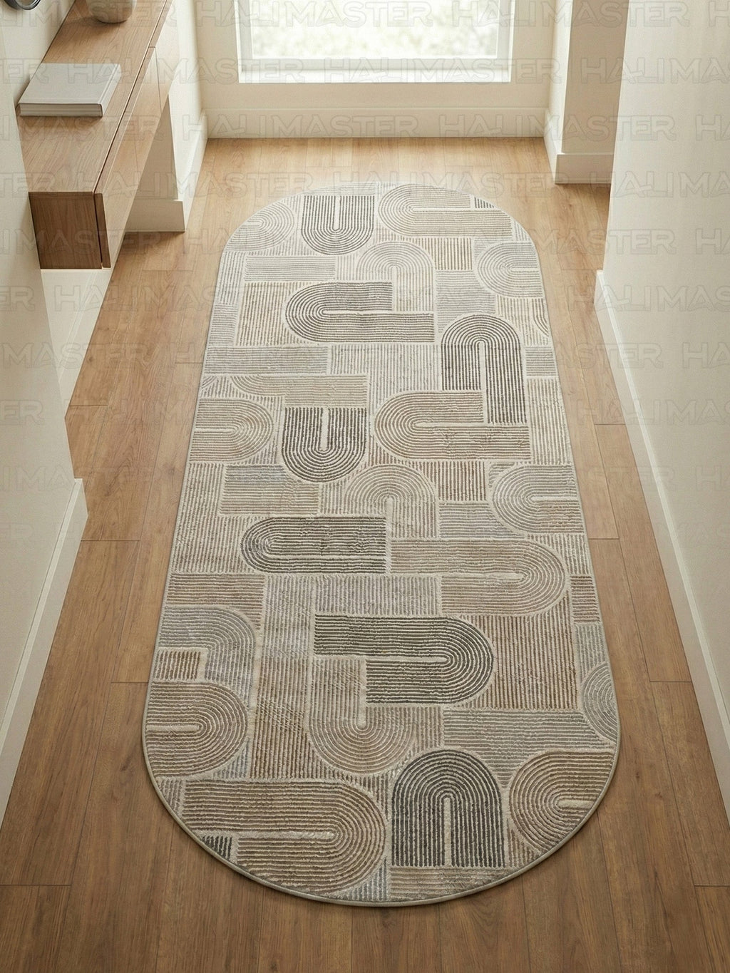 Dinarsu Minimalist U-Line Desenli Kahve - Bej  Vizon Kaymaz Taban Modern Halı