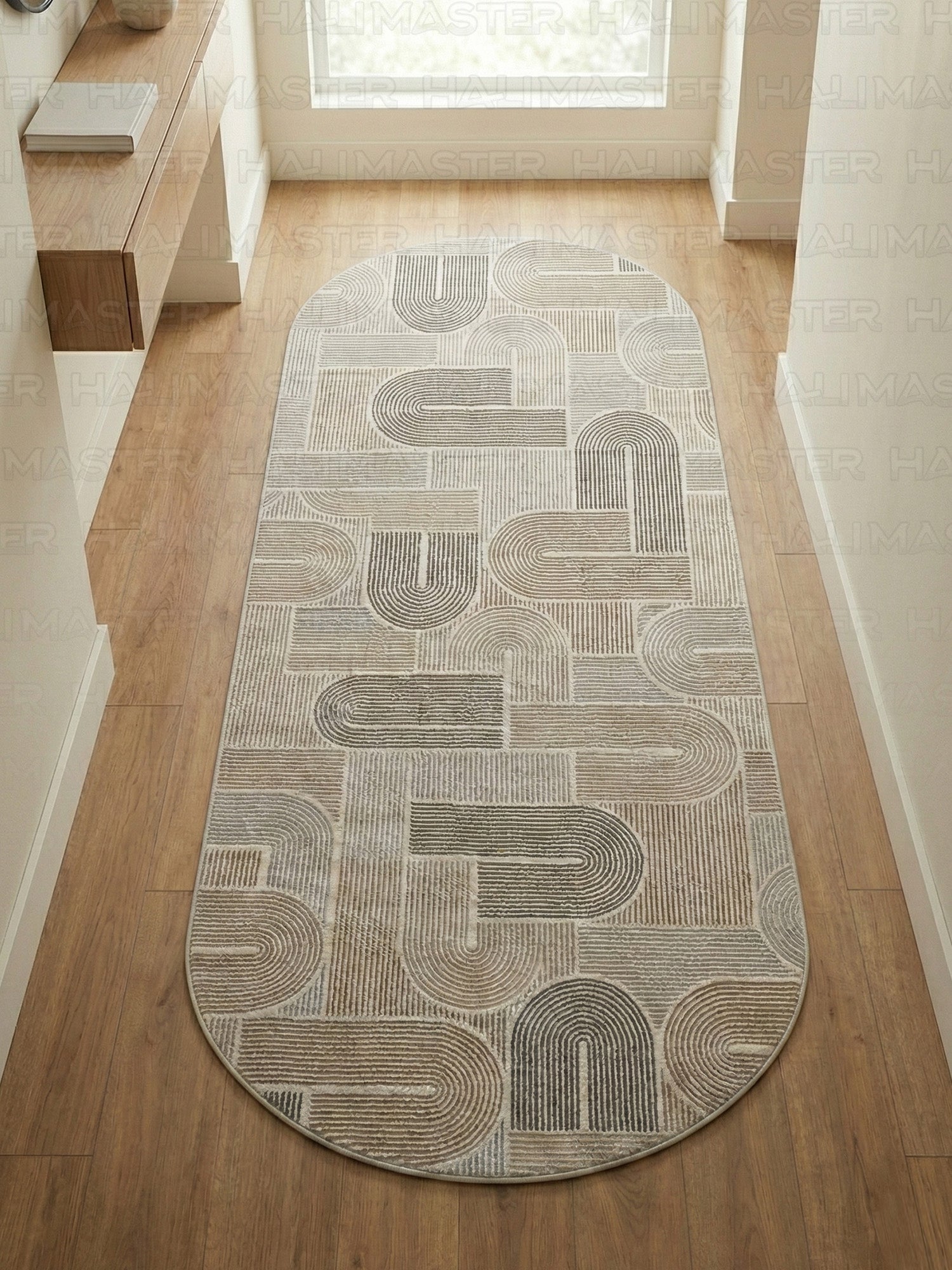 Dinarsu Minimalist U-Line Desenli Kahve - Bej  Vizon Kaymaz Taban Modern Halı