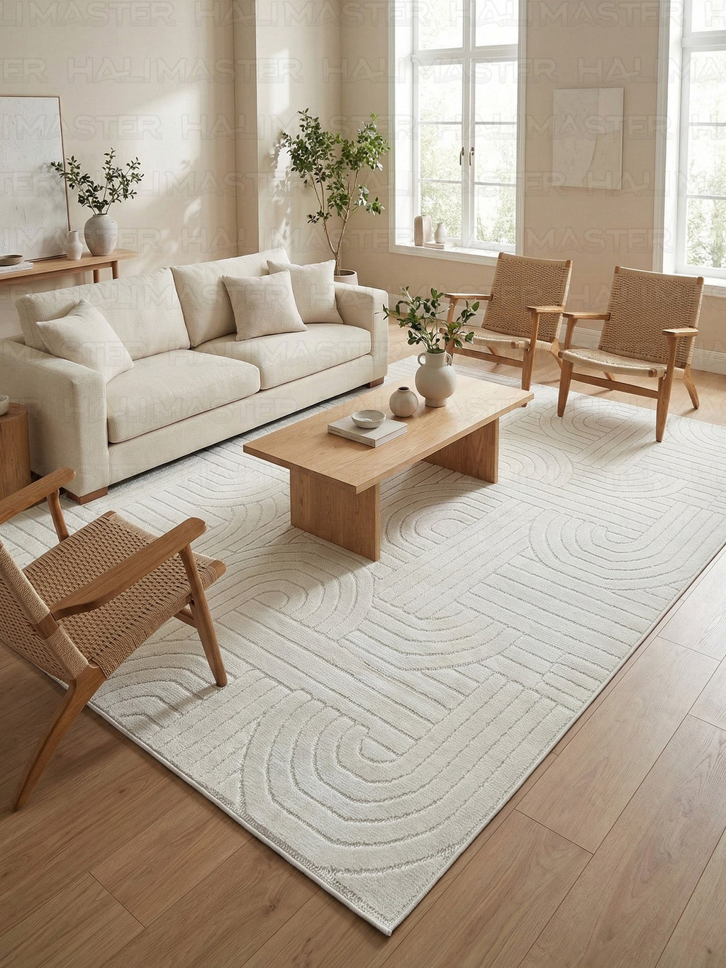 Dekoratif Krem Kabartma Desenli Modern Salon & Yolluk Halı